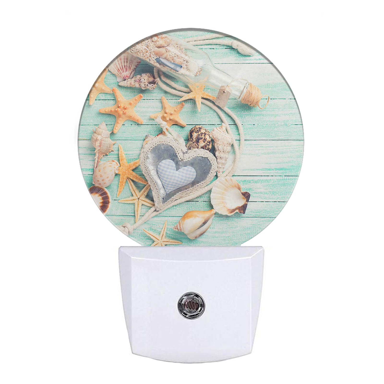 EKOBLA Beach Night Lights Plug into Wall Seashell Starfish on Wooden Board Coastal Led Dusk to Dawn Night Lamp Auto Sensor for H