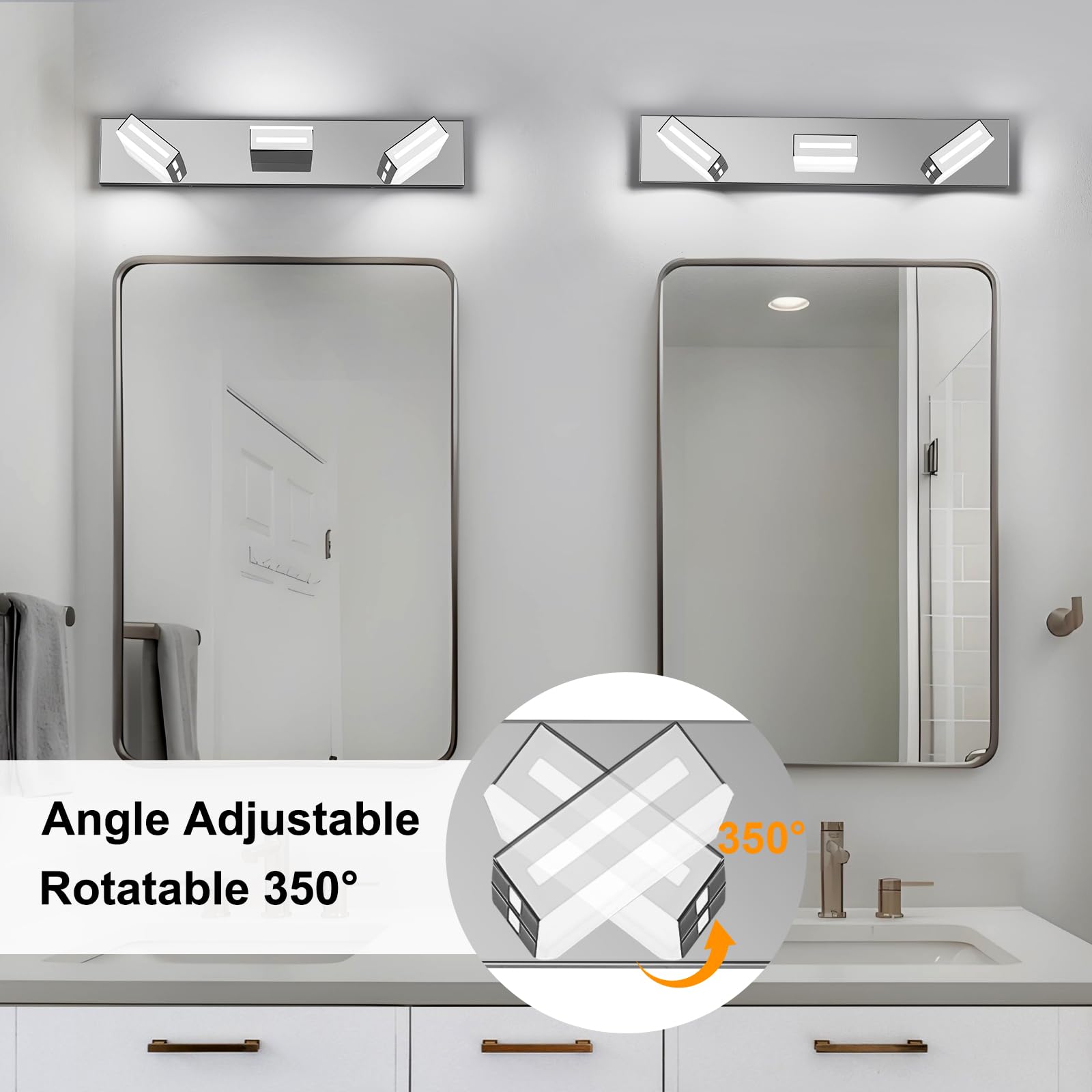 Donrao 24-Inch 3-Light Led Modern Chrome Bathroom Vanity Light Fixtures Over Mirror  Bathroom Lighting Fixtures With Cool White 6000K  Rotatable Vanity Wall Lights For Bath Restroom Powder Room