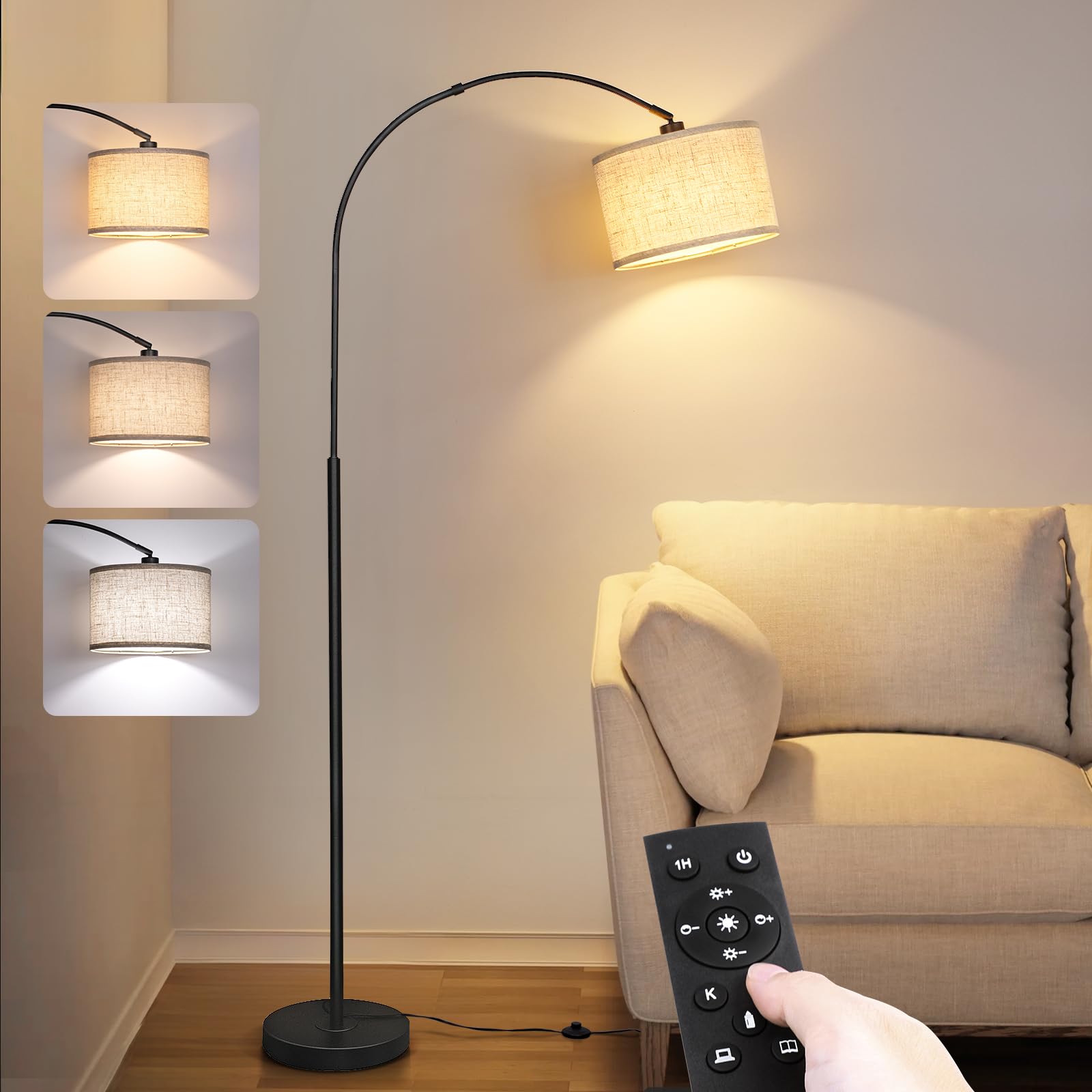 Qingmiao Arc Floor Lamp, Modern Dimmable Standing Lamp With Remote, Black Metal Shade, Foot Switch, Ideal For Living Room Or Bedroom
