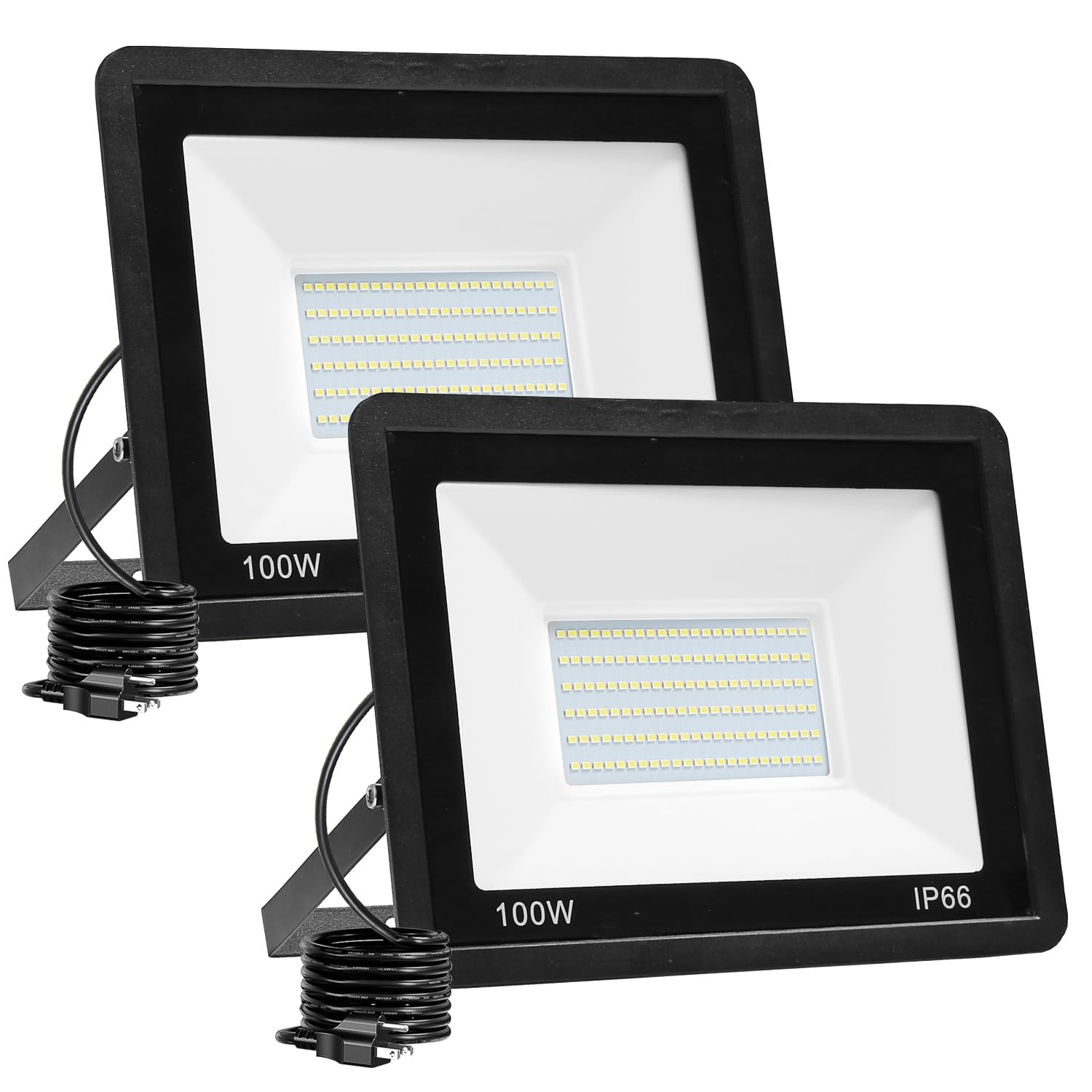 QIYEKA 2 Pack 100W LED Flood Light Outdoor,10000LM Work Spotlight with US Plug,6000K Daylight White,IP66 Waterproof Exterior Sec