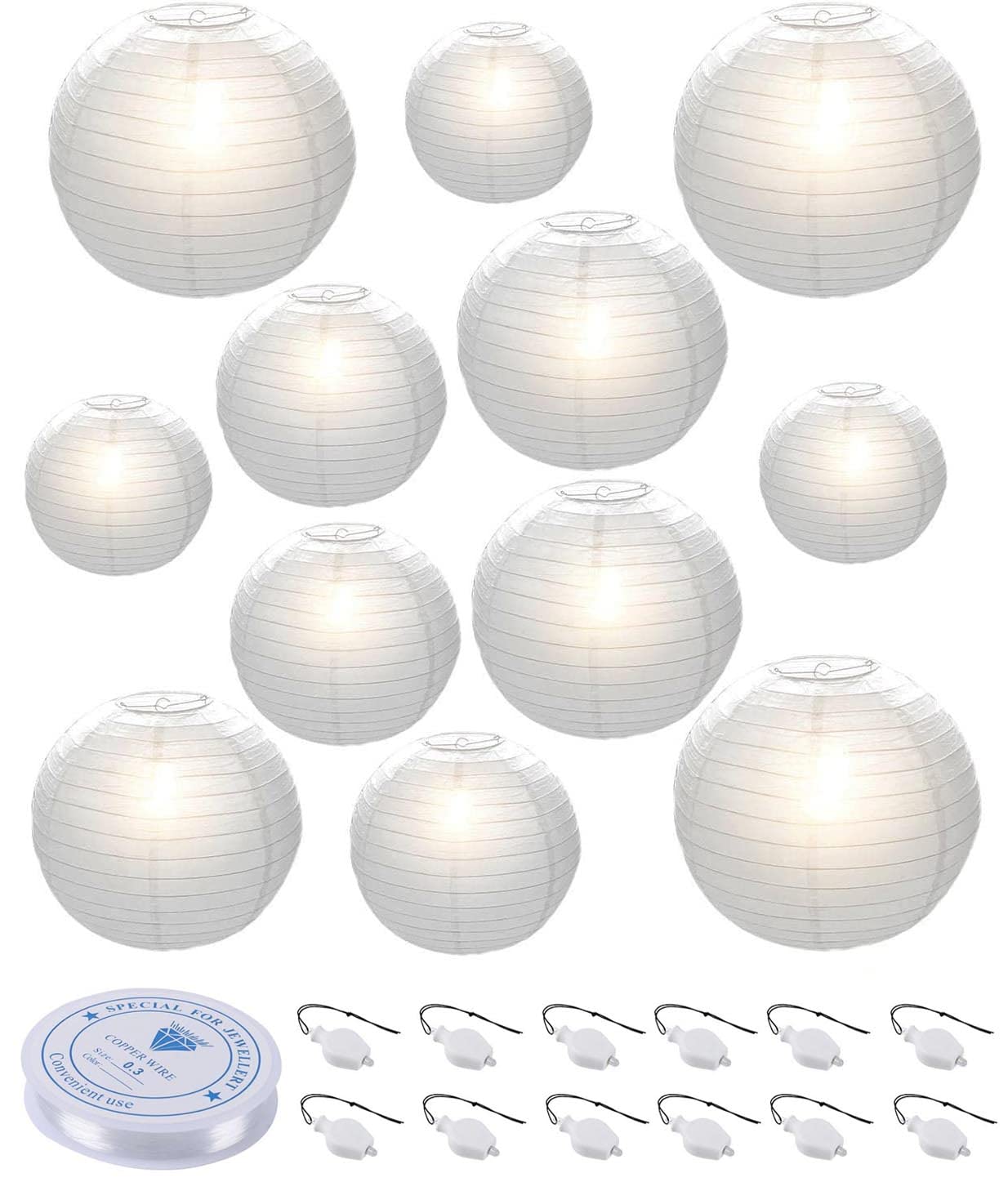 HAUSPROFI Paper Lanterns, 6'' 8'' 10'' 12'' Round Paper Lantern with LED Lantern Lights for Indoor and Outdoor Decoration - (Lan