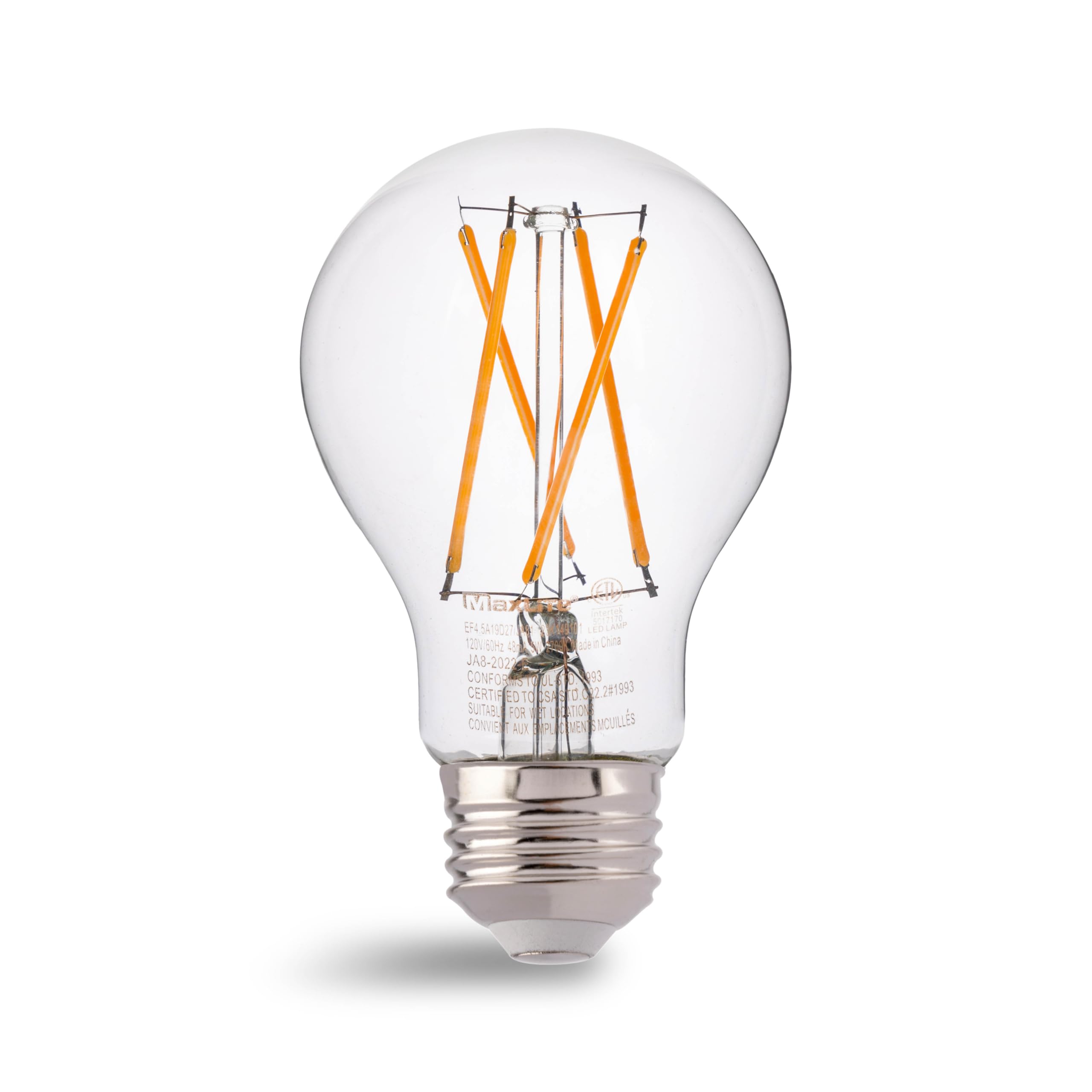 Maxlite Dimmable LED Bulb, 8.5W A19, 2700K Warm White, Clear Filament, 800 Lumens, JA8 Listed, Model EF8.