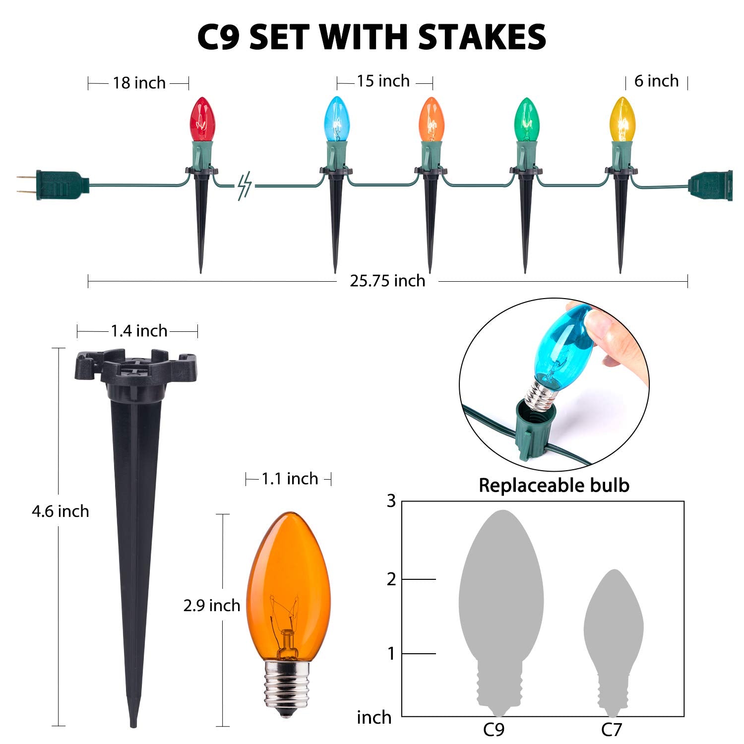 C9 Christmas Pathway String Lights, 2 Pack 25.7 Ft C9 20 Lights With 20 Multicolored Glass Bulbs And 20 Stakes Connectable Water