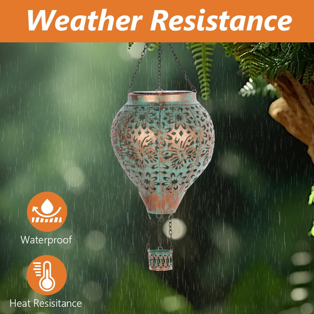 Stargarden Hot Air Balloon Solar Lantern, Butterfly Hollow Out Metal Hot Air Balloon Decorations, Green Hanging Solar Lantern, Waterproof Solar Outdoor Lights For Porch Decor