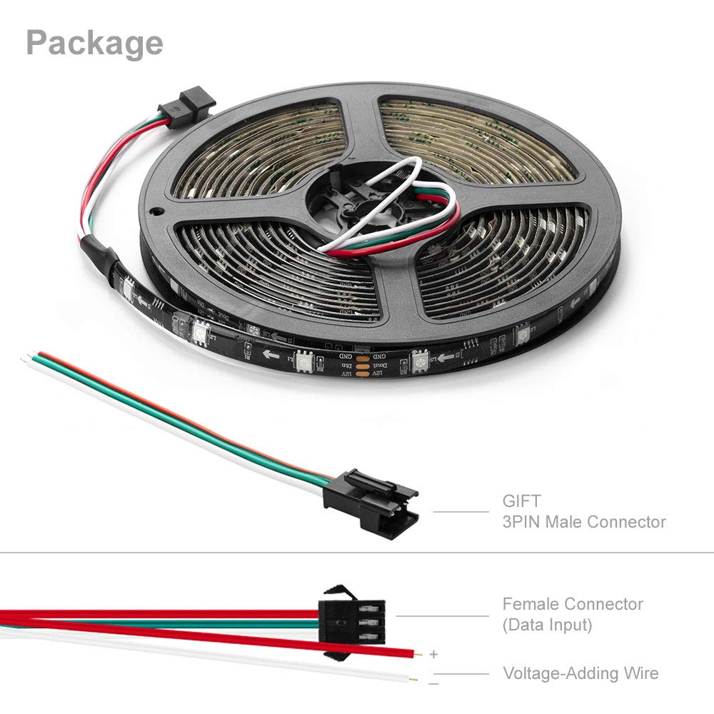 BTF-LIGHTING WS2811 RGB Addressable LED Strip 16.4FT 30LED/m IP65 Black PCB Flexible DC12V for Indoor Decor