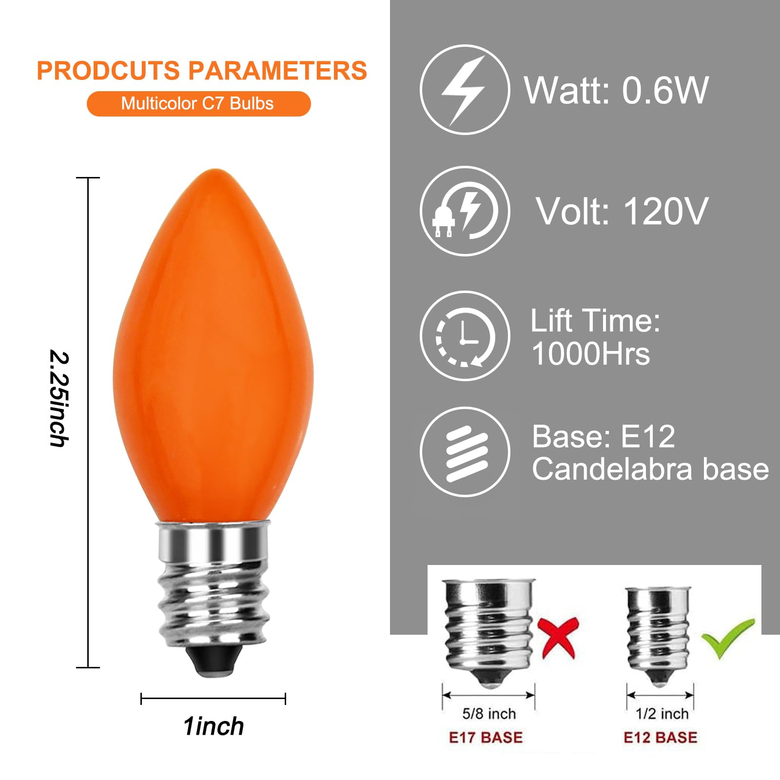 GOOTHY C7 LED Replacement Bulbs, 25 Pack, Orange Ceramic, E12 Base, 0.6 Watt Energy Saving, Vintage Outdoor String Lights