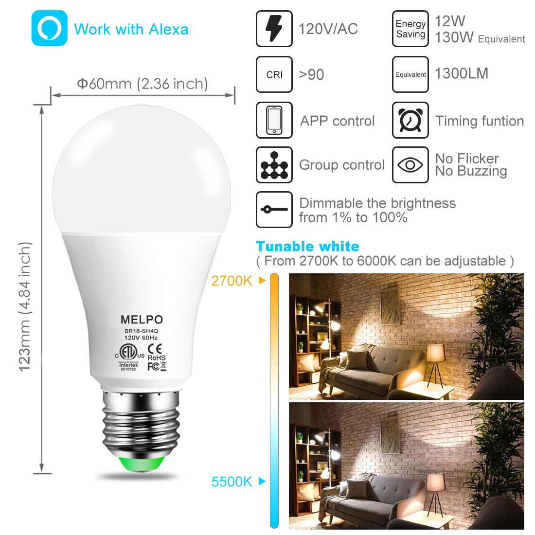 MELPO Smart Light Bulbs, 130W Equivalent, Warm White to Daylight, A19 E26, Aluminum, Bluetooth, BR18-SH4Q, 8 Pack