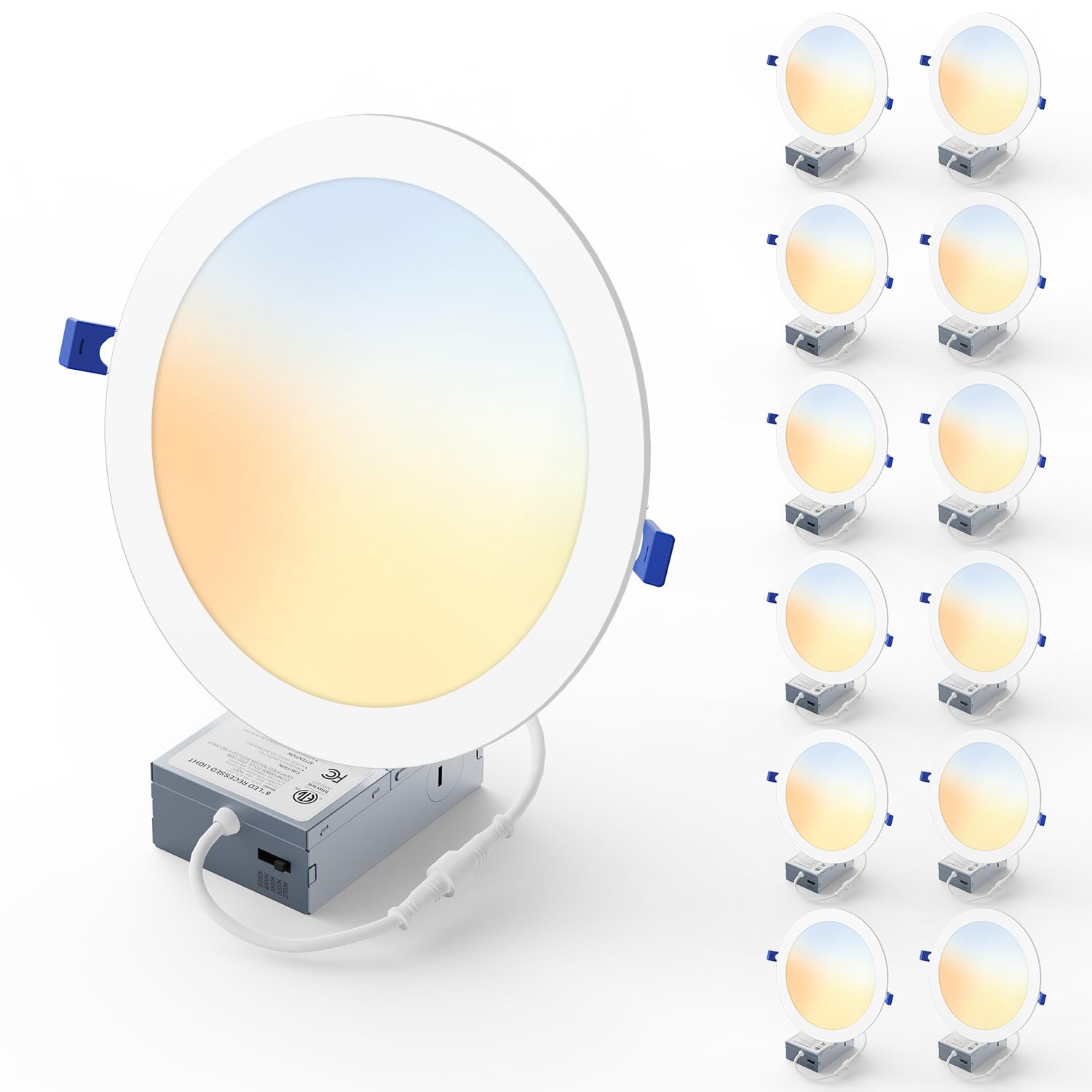 Veriligt 12 Pack 8 Inch LED Recessed Light, Dimmable, Damp Rated, 5CCT Selectable, 18W 1600LM, 120V, Silm Canless Wafer Ceiling 