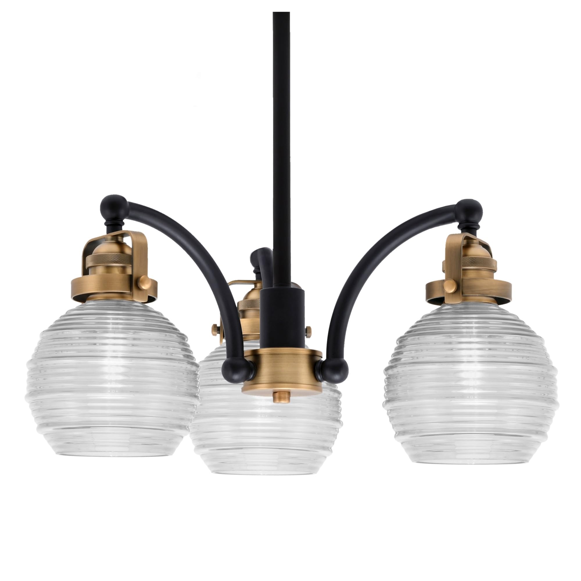Easton Downlight, 3 Light, Chandelier Shown In Matte Black & Brass Finish With 6&quot; Clear Ribbed Glass