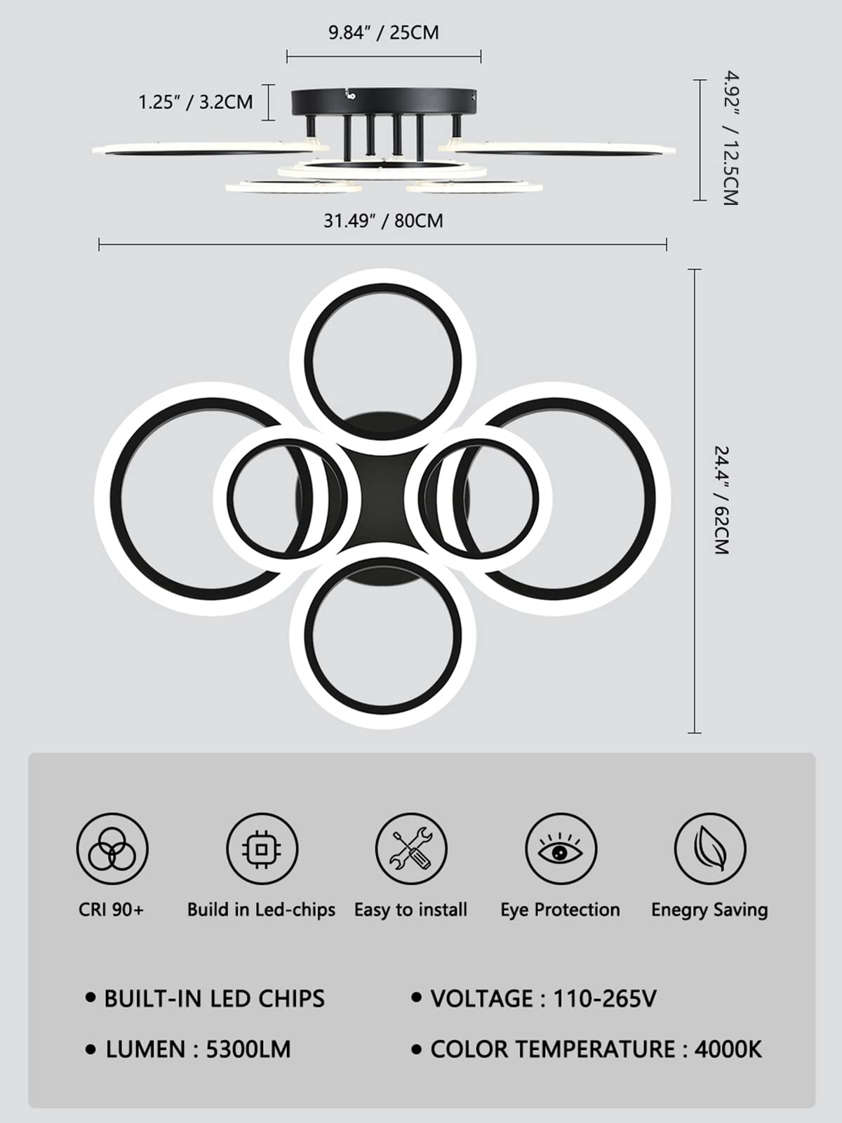 Teminbu Modern Led Ceiling Light, Black 6 Rings Flush Mount Ceiling Light, 4000K Lighting Fixture Ceiling Lamp For Kitchen, Bedroom, Living Room, Laundry Room