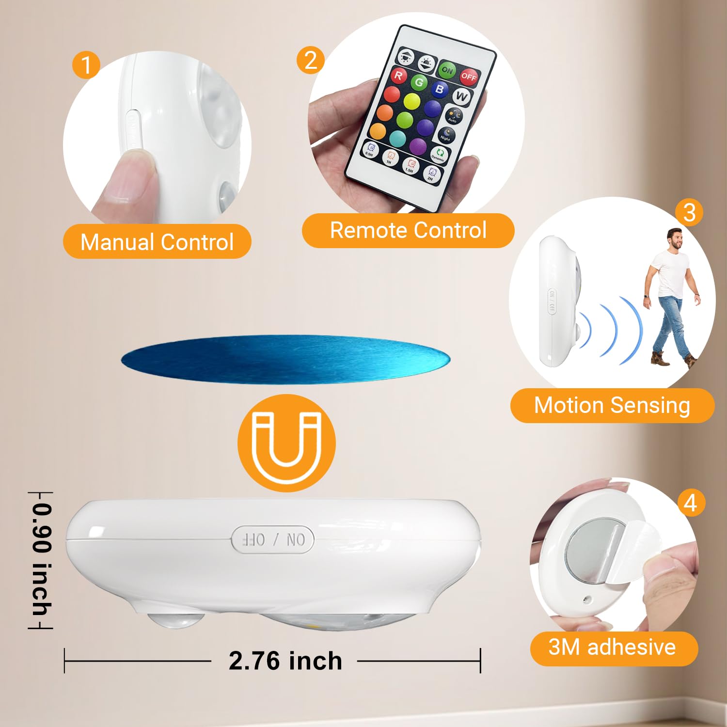 LIGHTULIFE Night Light - Remote Control, Motion Activated, 12 Color Dimmable, USB Rechargeable, Magnetic LED, Model DIR03EY, White
