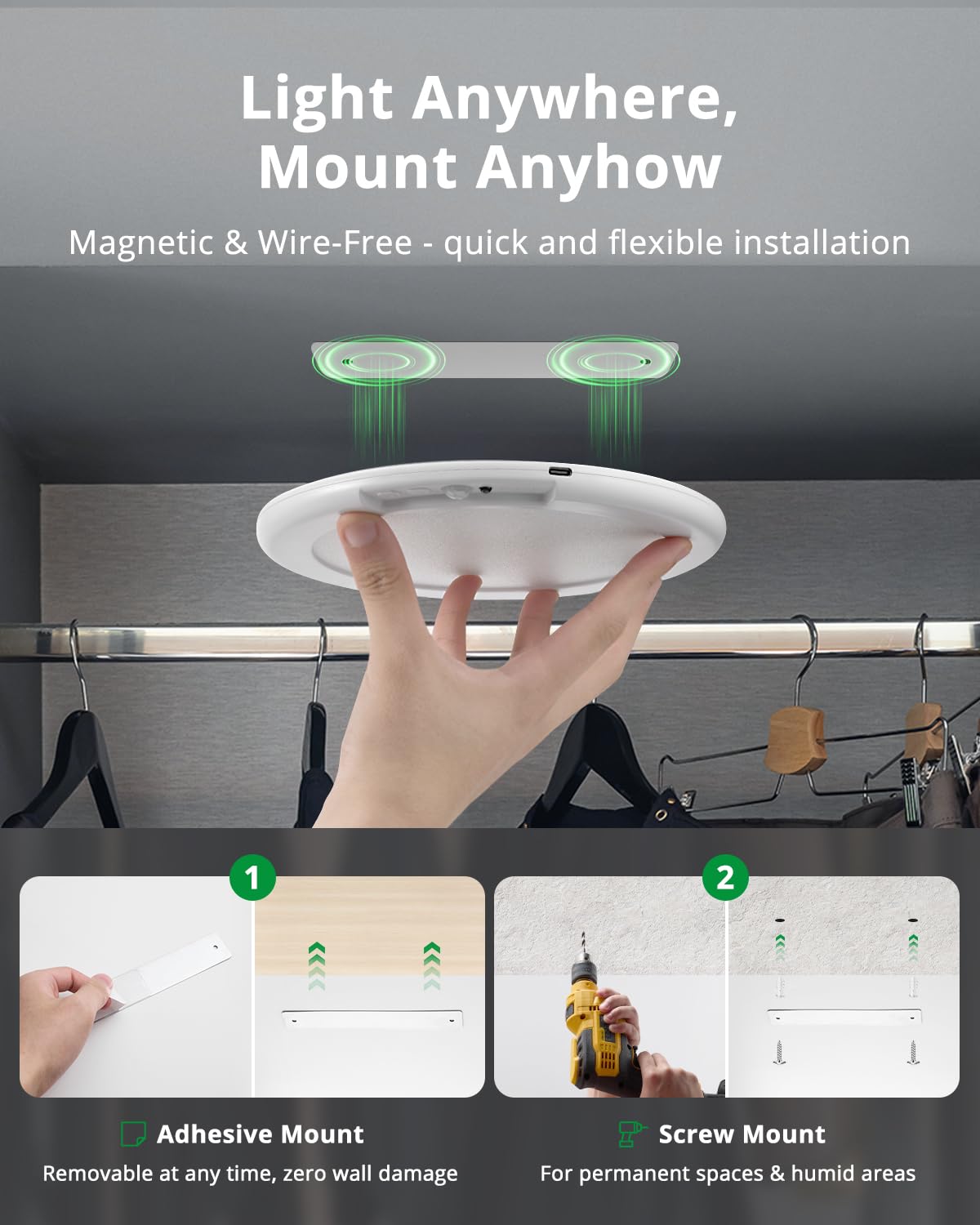 Bojim Rechargeable Waterproof Shower Light, Battery Operated Ceiling Light, Motion Sensor, 1 Pack, White, Model T070