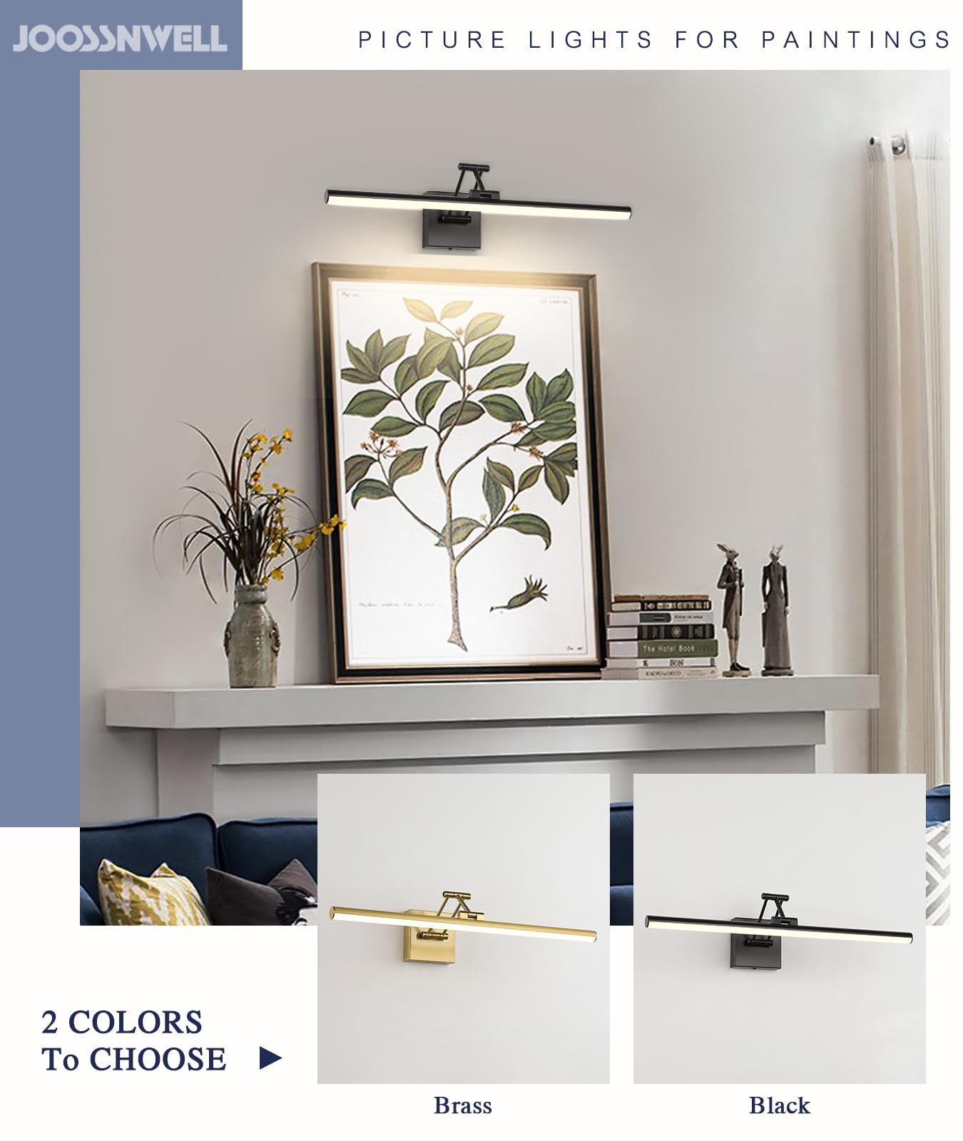 Joossnwell Picture Light 23.62" Dimmable Metal Art Light, Hard-Wired Black, Adjustable Swing Arm for Painting, Library, Museum
