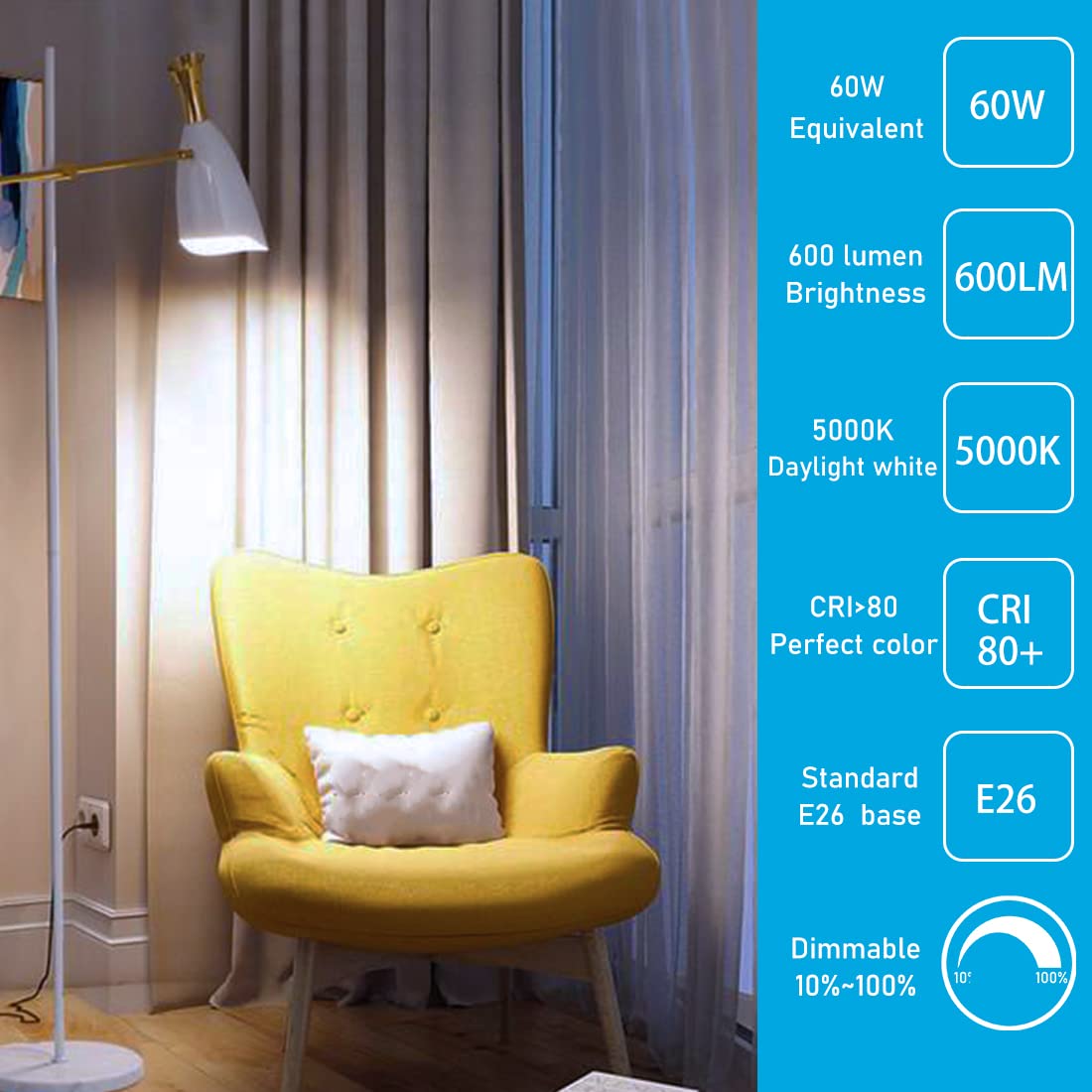 YukiHalu Dimmable A15 LED Light Bulbs, 60W Equivalent, 600 Lumens, E26 Base, 4 Count, 5000K Daylight White, UL