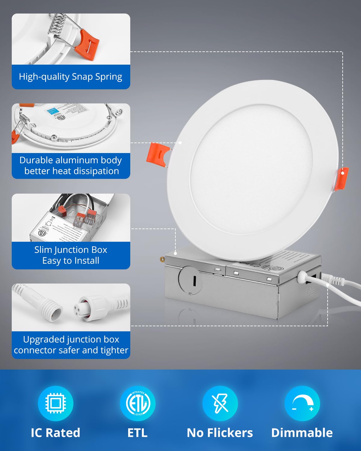 Vtuik 2 Pack 5 Inch 10W Led Can Light Retrofit With Junction Box, 850Lm/Cri85 Ultra Thin Led Recessed Lighting 7Cct 2700K-6500K With A Simple Switch Ic Rated, Etl Listed