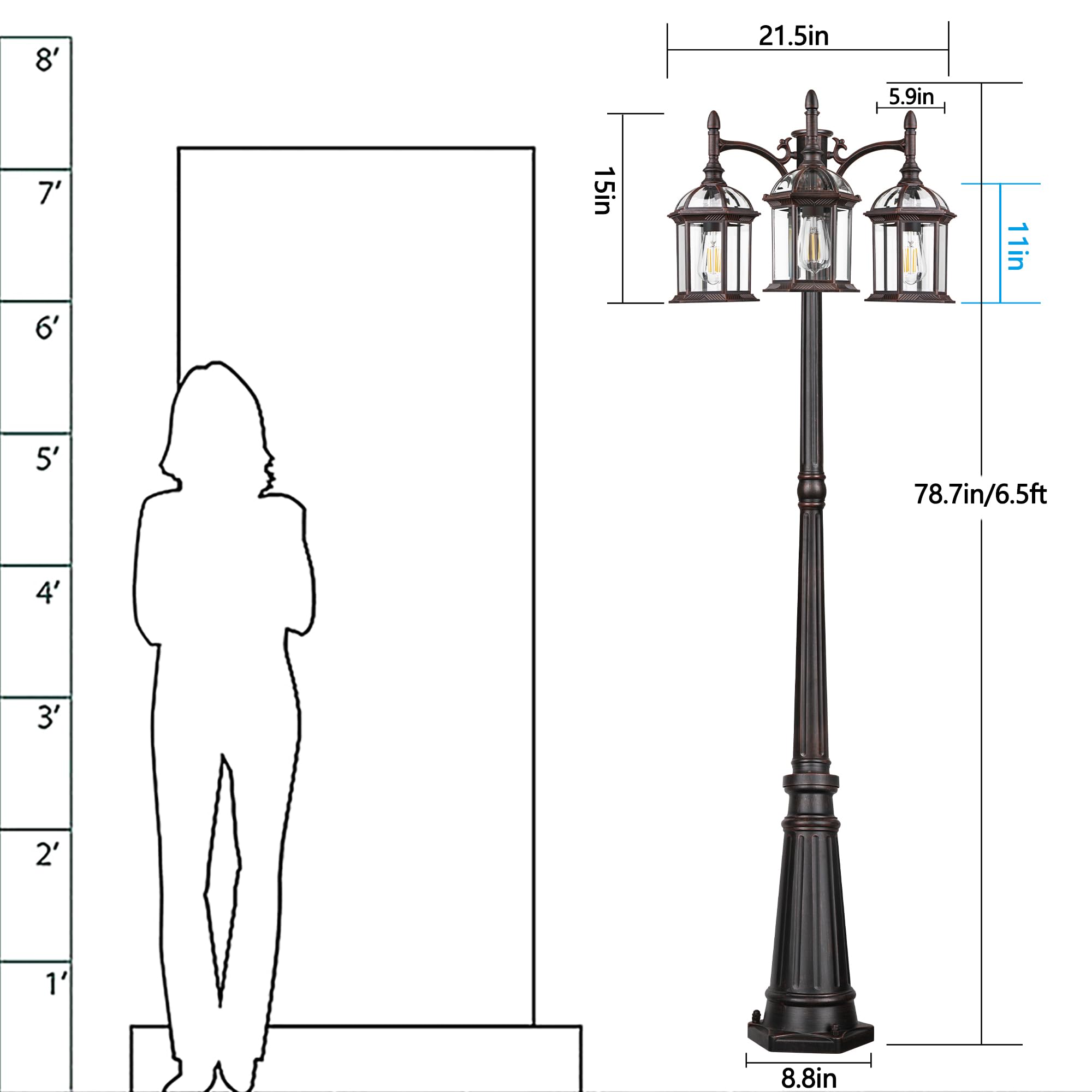 PARTPHONER Dusk to Dawn Outdoor Lamp Post Light, Triple Head Aluminum, Oil-Rubbed Bronze, Model PA1201, Waterproof Sensor Fixture