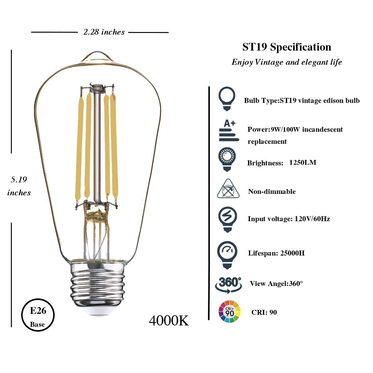 Winsaled 100 Watt Led Bulb, 12 Pack 9W Led Edison Light Bulbs 100 Watts Incandescent Bulbs Equivalent, 4000K Cool White With E26