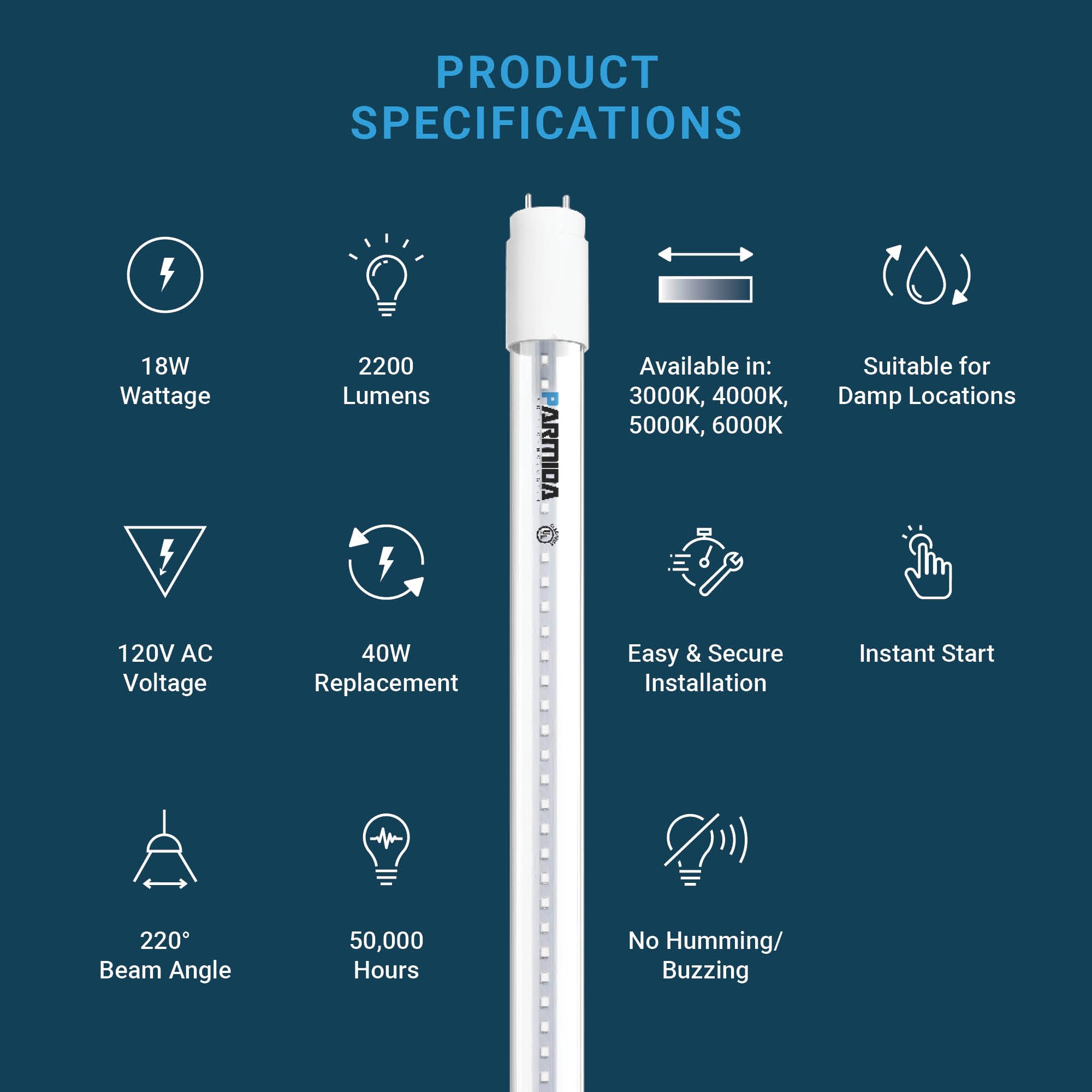 Parmida LED T8 4FT Ballast Bypass Light Tube, 20-Pack, 18W, 2200lm, Cool White 4000K, UL-Listed, Clear Lens