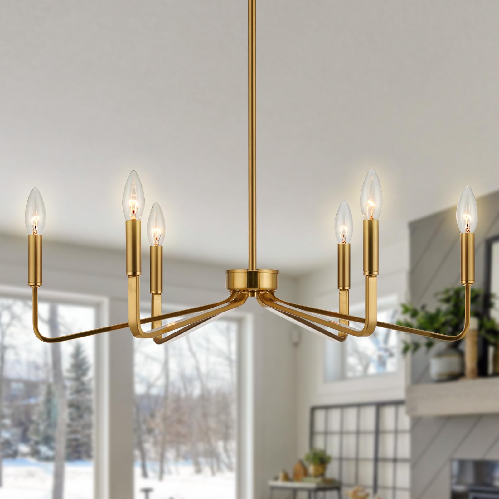 Acaner Gold Farmhouse Chandeliers For Dining Room, 6-Light Modern Chandelier Light Fixture, Brushed Brass Industrial Candle Lighting Hanging Ceiling For Living Room Bar Kitchen Island Lights