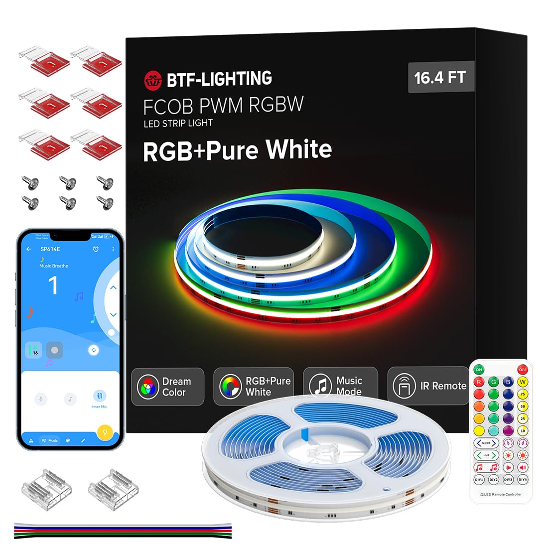 BTF-LIGHTING FCOB COB LED Band RGBW 6500K Flexible High Density Uniform Light Kit Bluetooth APP Music IR Remote Controller 16.4FT 12mm Width Color Changing for Bedroom Kitchen Home Indoor Decoration