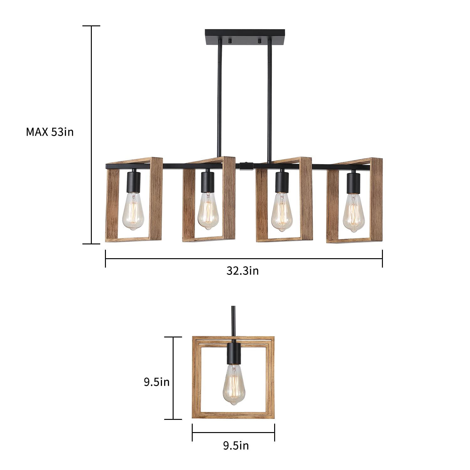 9Mmml 4 Lights Island Light For Kitchen,Farmhouse Industrial Rectangle Pendant Light, Black Body+Wood Frame Vintage Chandelier For Dining&Living Room Pool Table Hallway Entryway Foyer,E26