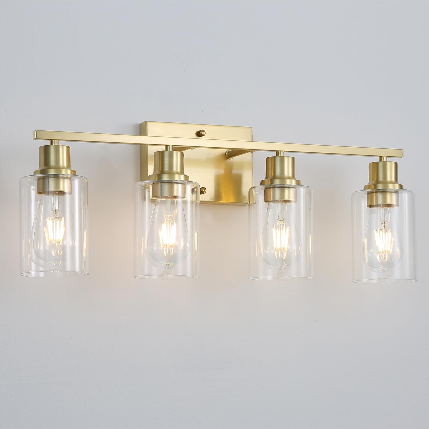 Jodauirt 4-Lights Gold Bathroom Vanity Light Fixtures,Brushed Gold Wall Sconces With Clear Glass Shades, Farmhouse Modern Wall Lighting ?For Mirror,Living Room,Bedroom