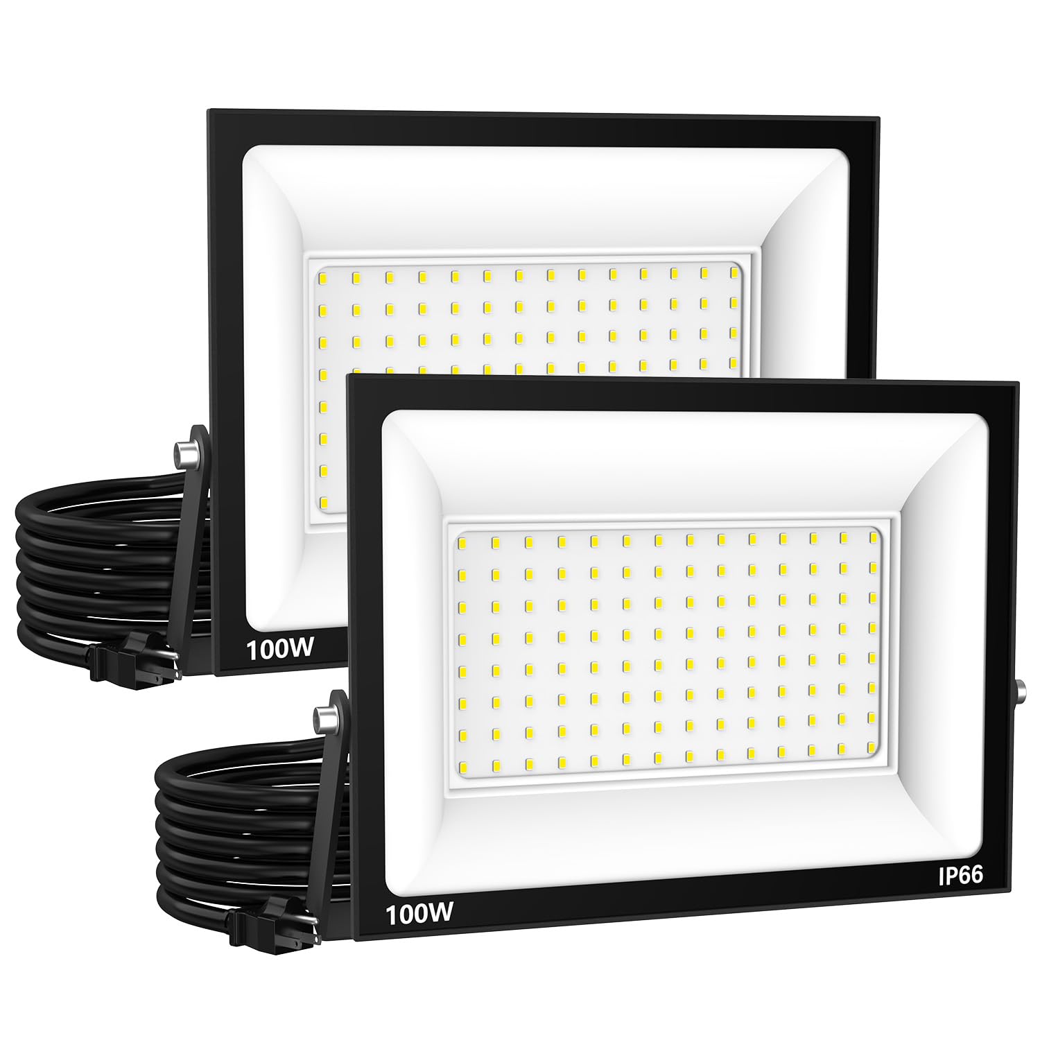 Zelvia LED Flood Lights Outdoor for Yard Work -100W 10000lm Super Bright LED Work Light with US Plug 6500K Daylight White Floodlight IP66 Waterproof Security Outside Lights for Garage Stadium -2 Pack