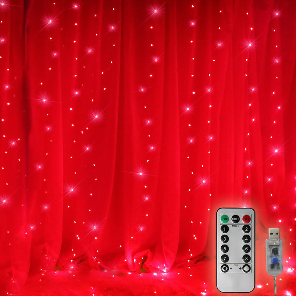 Vicila 300 LED Curtain Lights, USB Powered Fairy Lights, Remote Control, 9.8ft x 9.8ft, Red, Model CCL 08, 8 Lighting Modes