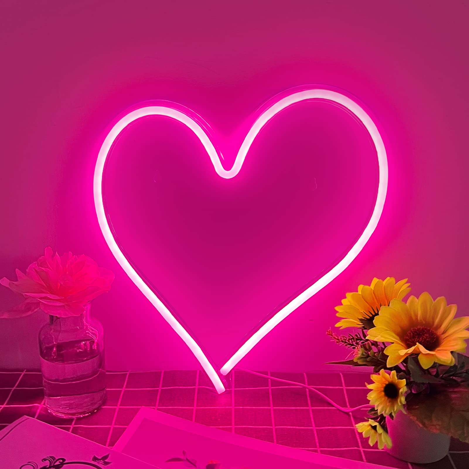 Bernicekelly Pink Heart Neon Sign - Dimmable Led Light For Bedroom & Party Decor, 13.4" X 13"