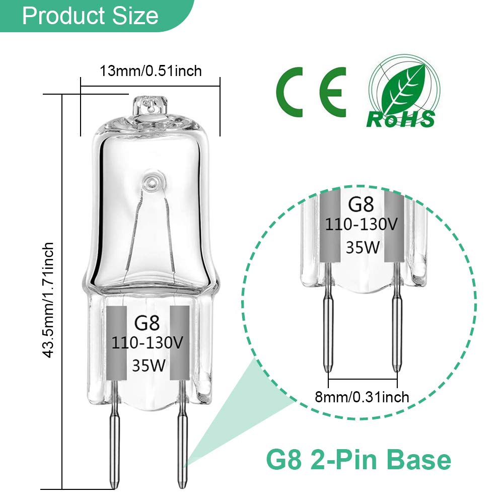 Taiyaloo G8 Halogen Light Bulbs 35W Dimmable 120V G8 Base 2Pin Xenon Bulb T4 Jcd Type Warm White Under Cabinet Puck Lighting Replacements(12 Pack)