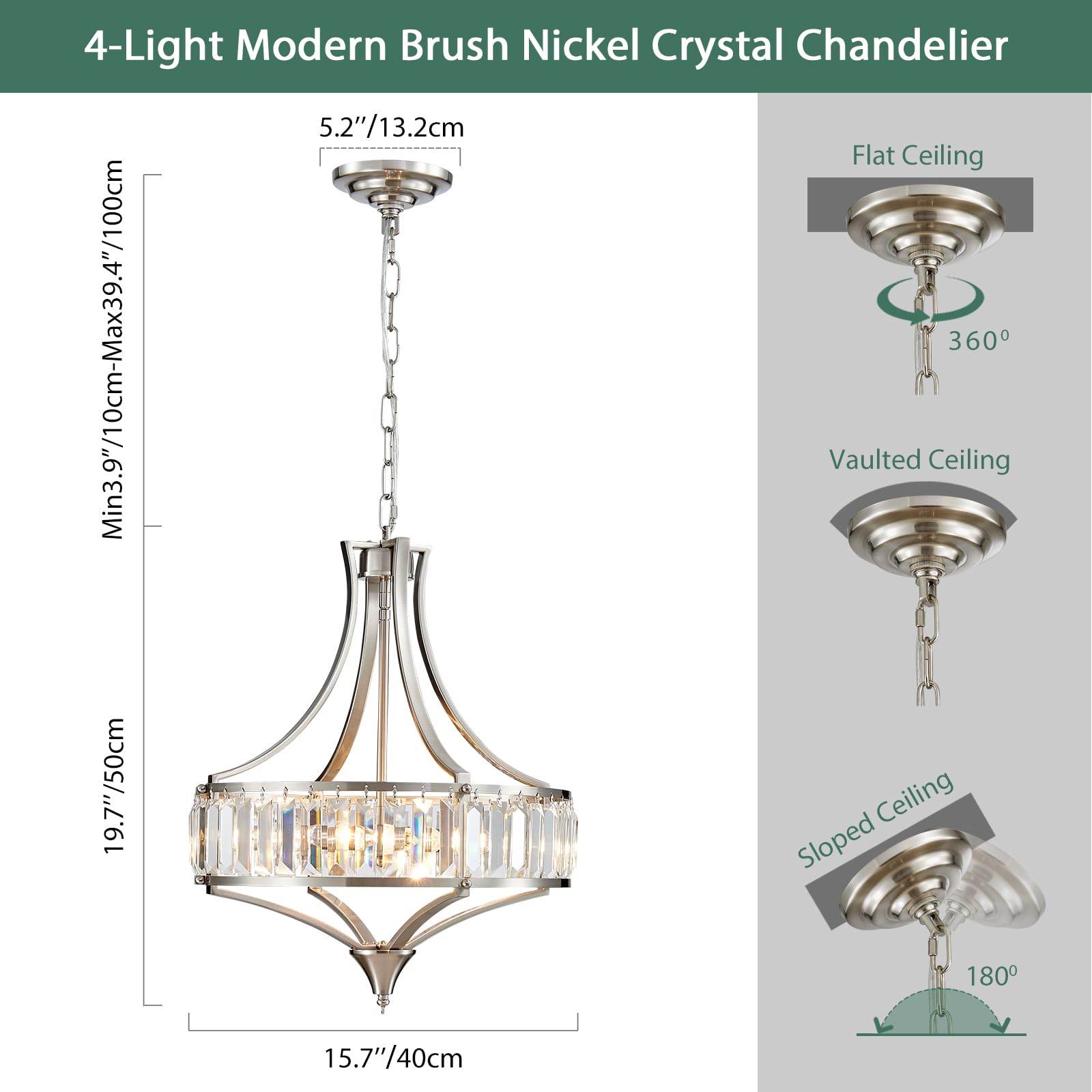 Avzkcy Modern Crystal Chandelier, 15.7" Adjustable Brushed Nickel Pendant Light for Living Room, Kitchen, Dining Room