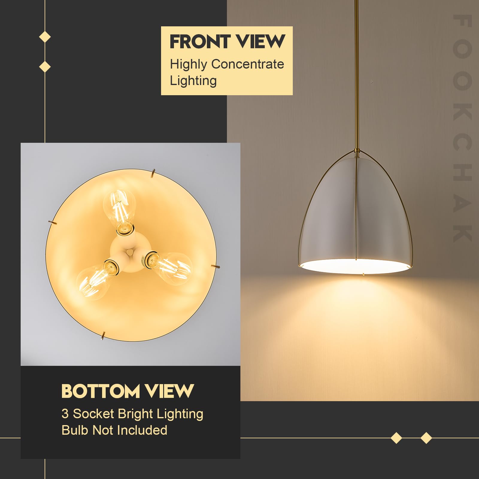 Fookchak White Gold Pendant Light 3-Light Large Pendant Light Fixture 12In Dome Kitchen Pendant Lighting For Kitchen Island Dini