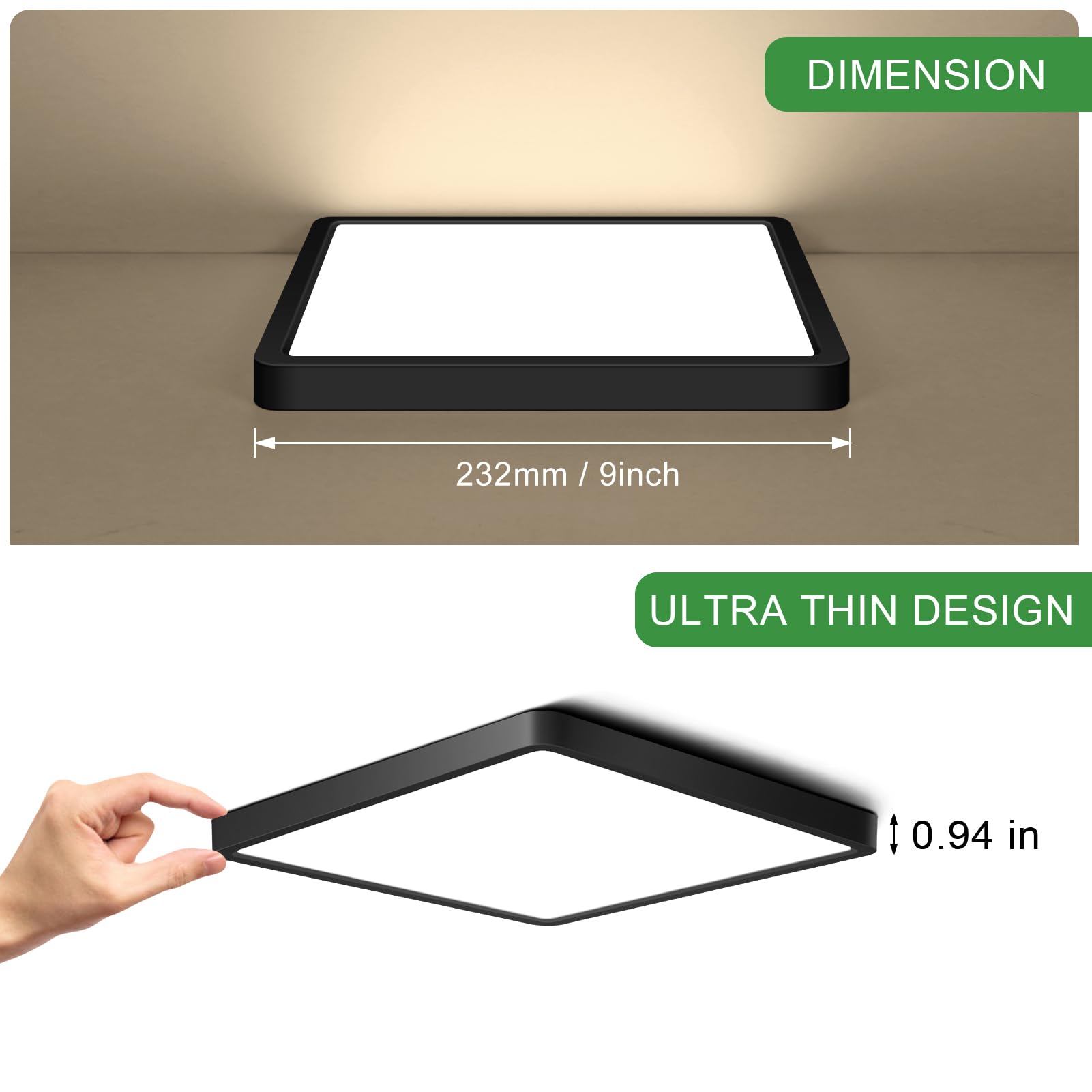 9Inch 18W Square Led Ceiling Light Fixtures Flush Mount  3000K Warm White Led Ceiling Lamp  Surface Mount Modern Ceiling Lights  Slim Flat Panel Lighting For Bedroom  Kitchen  Bathroom Etc.Black