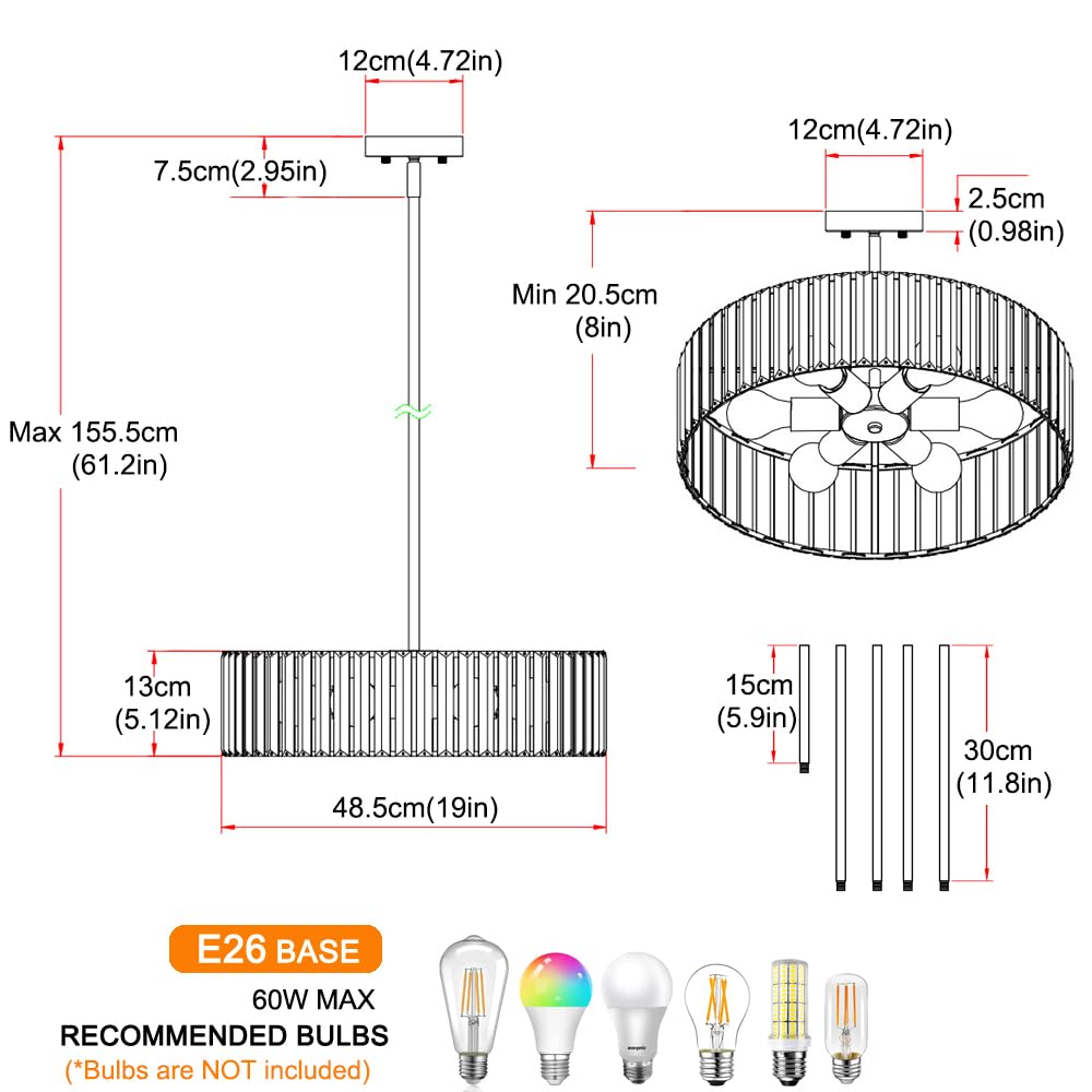 Gold Crystal Chandelier For Dining Room  6-Light Modern Semi Flush Mount Ceiling Lighting Fixtures  Round Kitchen Fixtures Ceiling  Hanging Drum Pendant Lights For Living Room Bedroom Foyer  19In  E26
