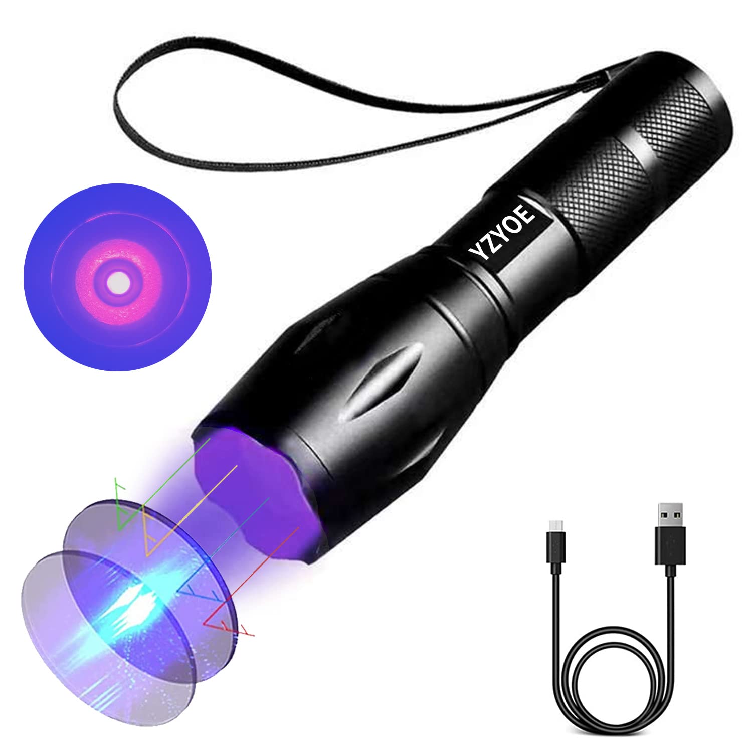 Yzyoe 365 Nm Black Light Flashlight Powerful Rechargeable,Fluorescent Agent Detection Lamp, Jade, Jewelry, Paper Money, Fungal D