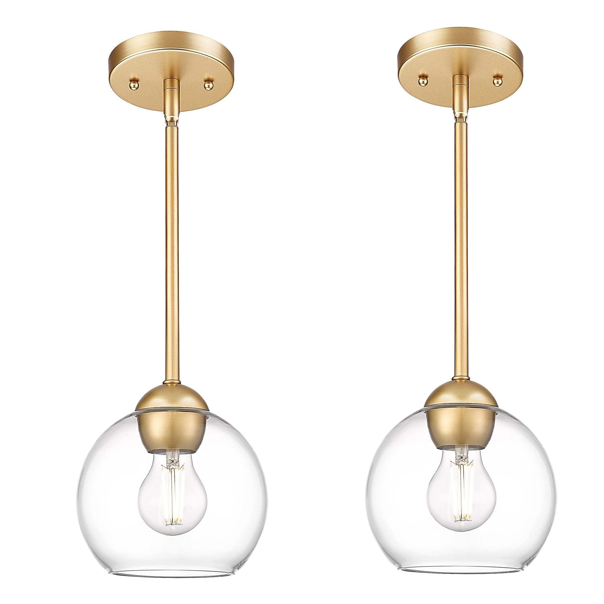 Emak Modern Gold Pendant Light Fixtures, 7 Inch Globe Pendant Lights with Clear Glass, 1 Light Hanging Lights for for Kitchen Island, Bathroom, Dining Room, Bedroom, Hallway, 2 Pack, PL119-GD-2PK