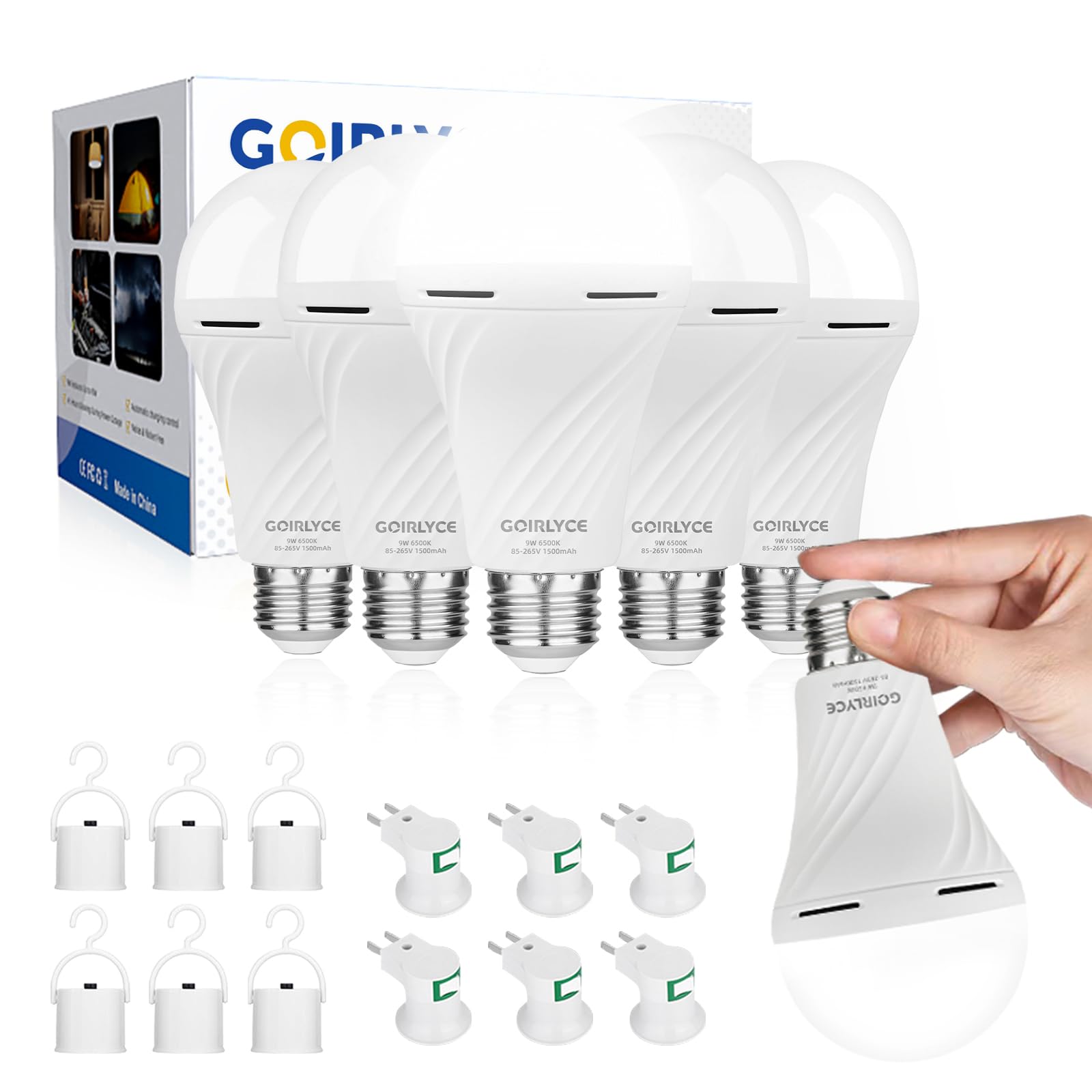 Rechargeable Emergency Light Bulbs, 6 Pack Battery Powered LED Light Bulb with 9W Daylight E27 6500K 1500mAh, Equivalent Self-Ch