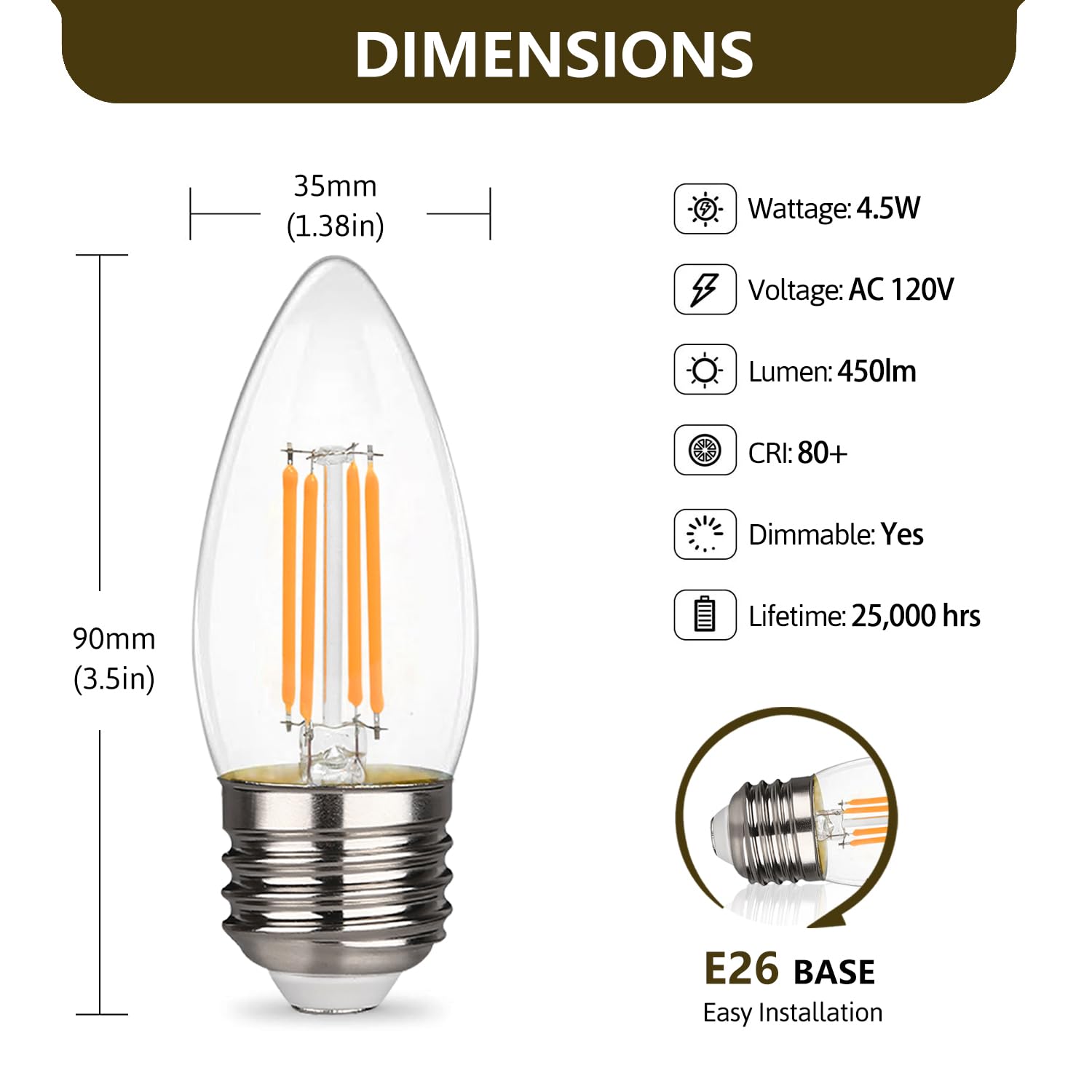 Yimilite B11 E26 Led Candelabra Bulbs 4.5W(40 Watt Equivalent) 2700K Warm White 450Lm Dimmable Led Filament Chandelier Light Bul