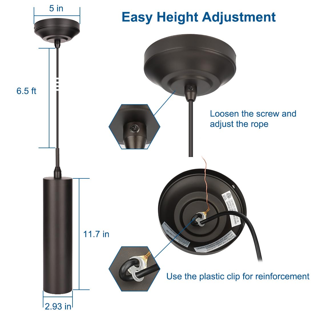 Dakason Black Pendant Light, Led Modern Pendant Light Fixture For Kitchen Island, Adjustable Rope Hanging Ceiling Lamp For Dinin