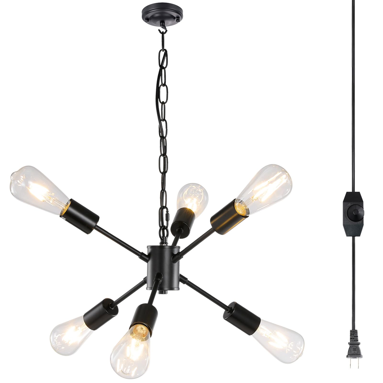 Jacklove Dimmable Mini Plug In Chandelier, 6-Light Hanging Lights With Plug In Cord 16.4 Ft On/Off Switch,Modern Black Metal Spu