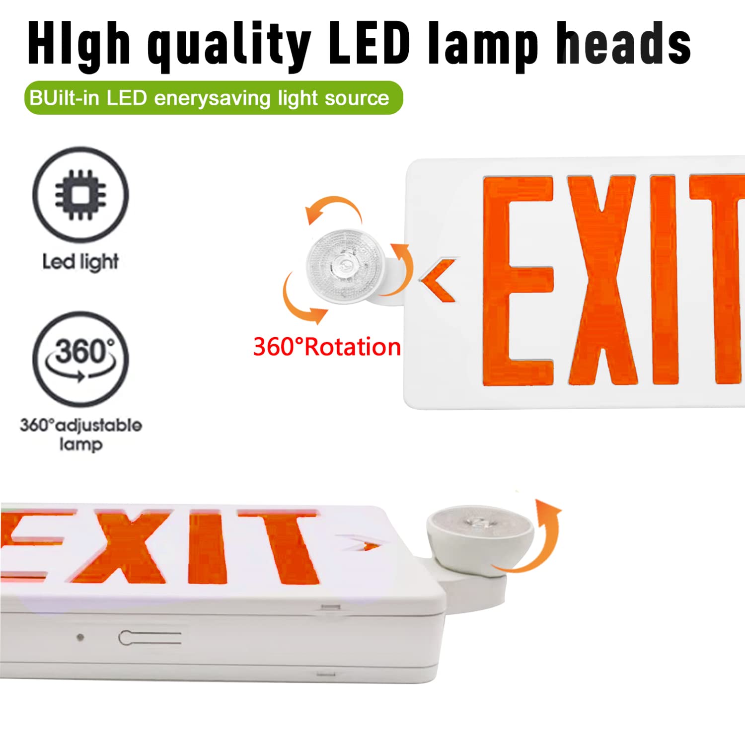 Ostek Red Led Exit Sign With Emergency Lights,Two Led Adjustable Head Emergency Exit Lights With Battery Backup, Dual Led Lamp Abs Fire Resistance Ul-Listed 120-277V