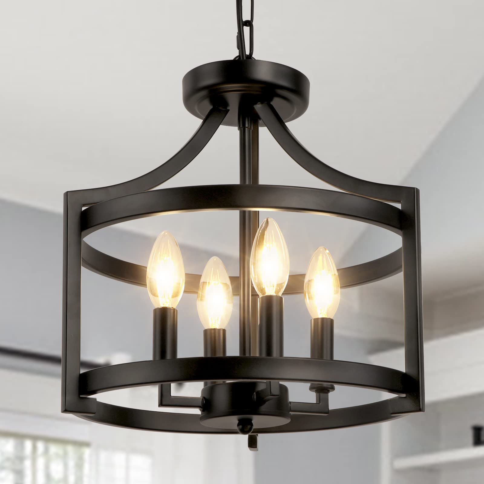 Wbindx 4-Light Farmhouse Chandelier, Modern Hanging Pendant Lighting, Convertible Semi Flush Mount Ceiling Light Fixture Rustic Vintage Black Chandeliers For Dining Room Kitchen Foyer Entryway