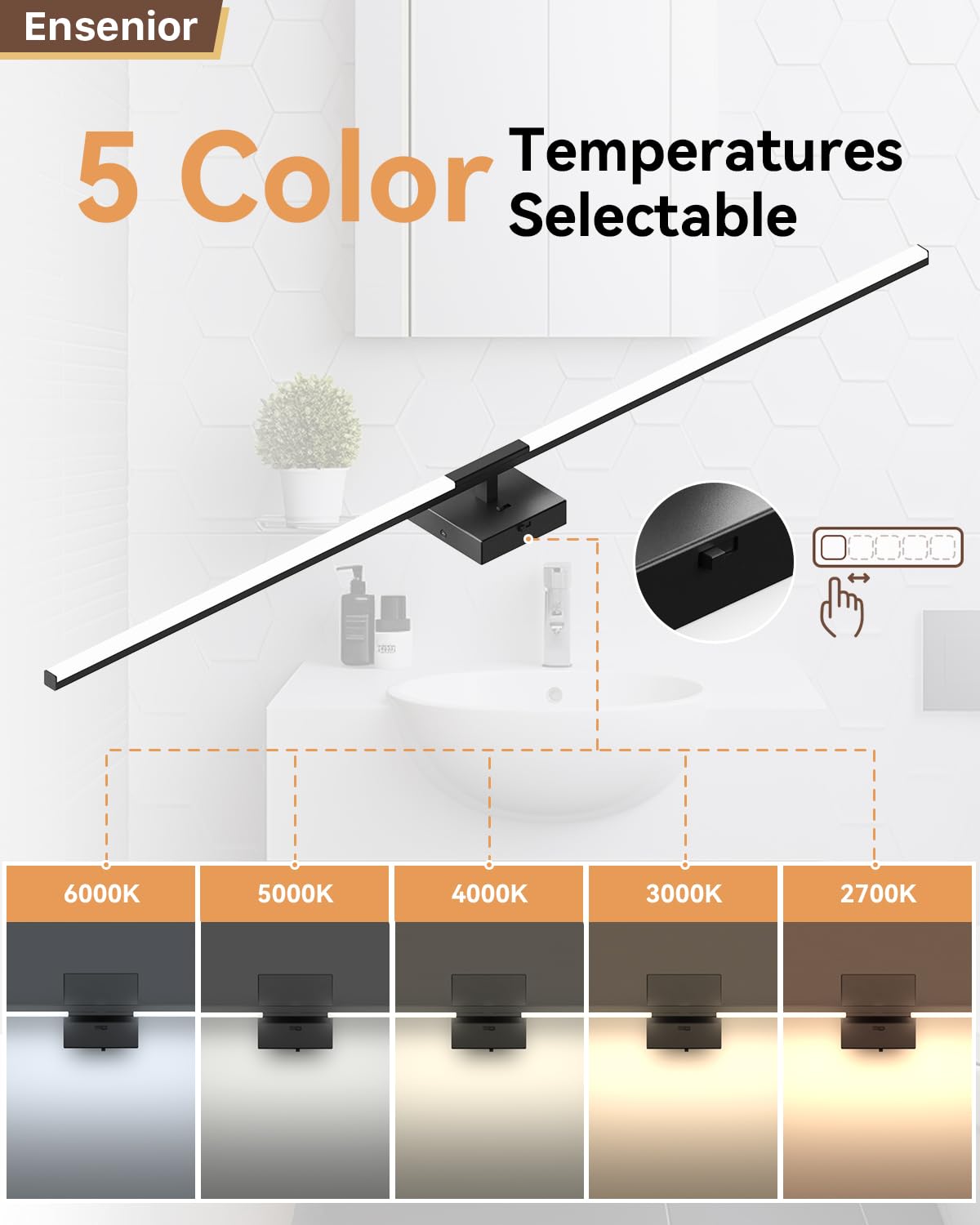 Ensenior Modern Bathroom Vanity Light 48 Inch, Built-In Dimmer, 28W Dimmable 5Cct Led Bathroom Light Fixture Over Mirror, Black