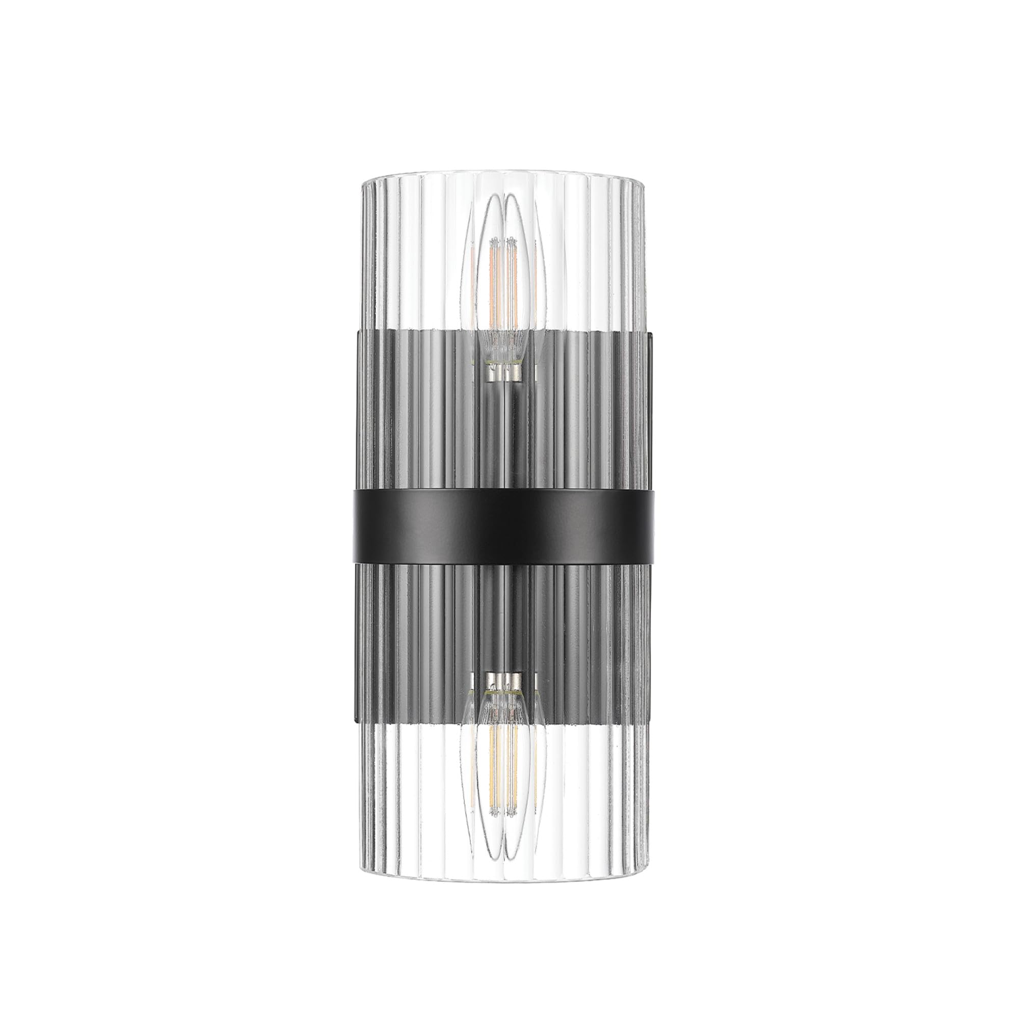 Globe Electric 65000050 2-Light Wall Sconce, Matte Black, Ribbed Glass Shade, E12 Base Sockets, Lights For Living Room, Home Dec