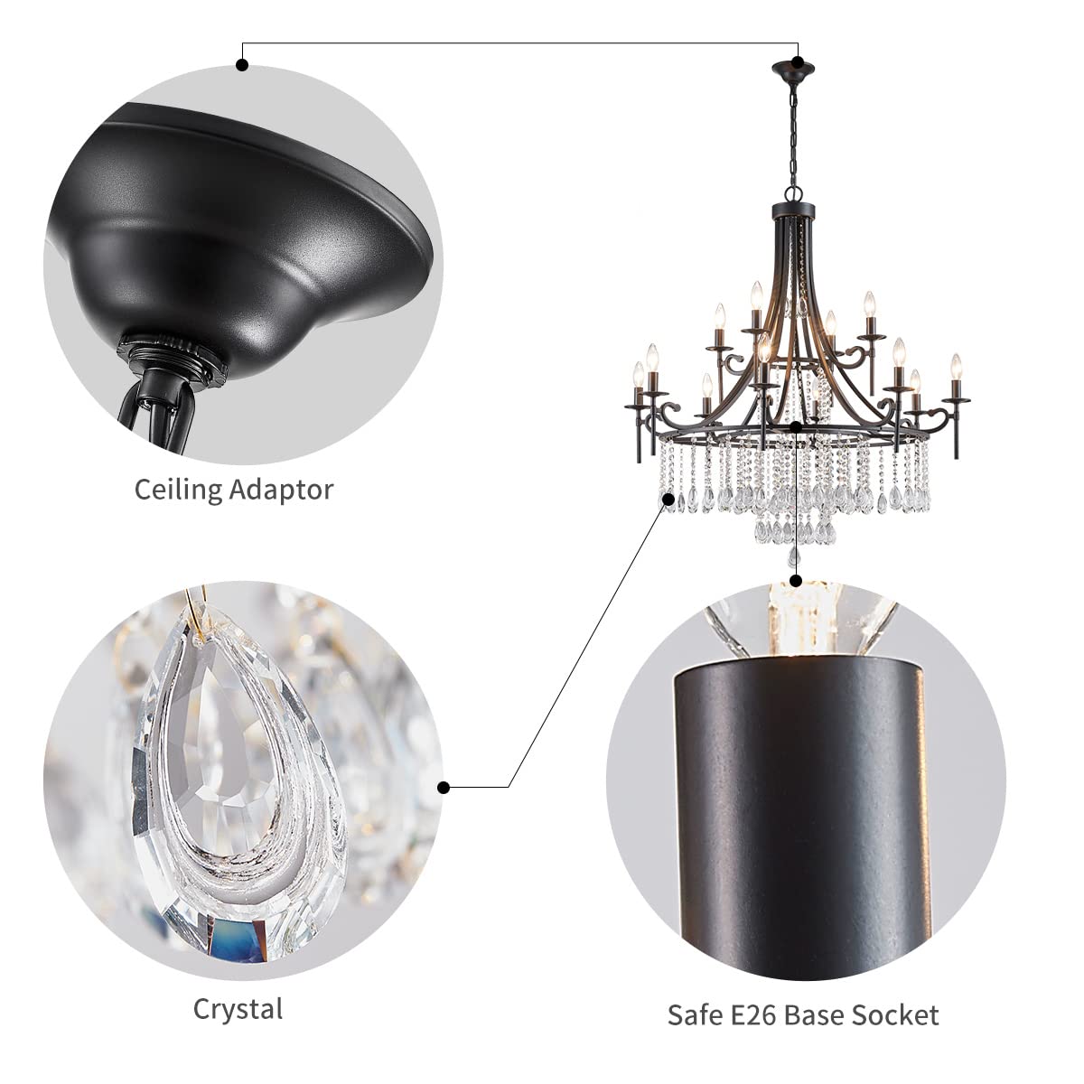 WUZUPS 12-Light Candle Chandelier Pendant Light, Black Metal Modern Fixture for Bedroom, Hallway, Kitchen, Living Room