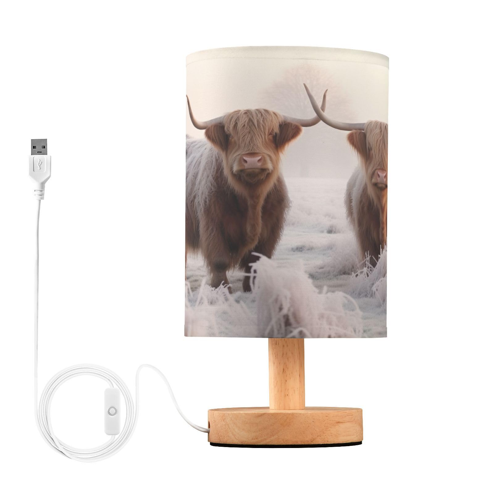 Coikll Highland Cows Table Lamp Bedside with USB Ports Nightstand Lamps with Fabric Lampshade for Reading, Bedroom, Living Room 