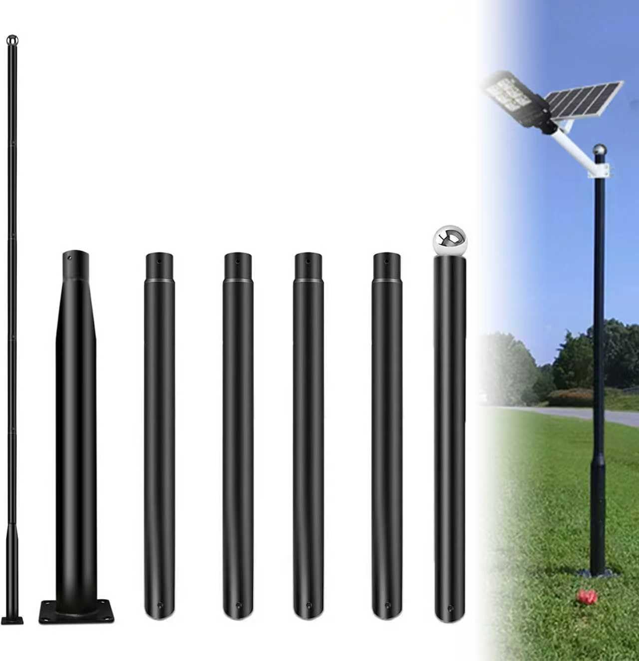 TRAYIU Street Light Pole 20ft Tall - Black Outdoor Adjustable Metal Street Lamp Post for Lights with Mounting Rebar Cage