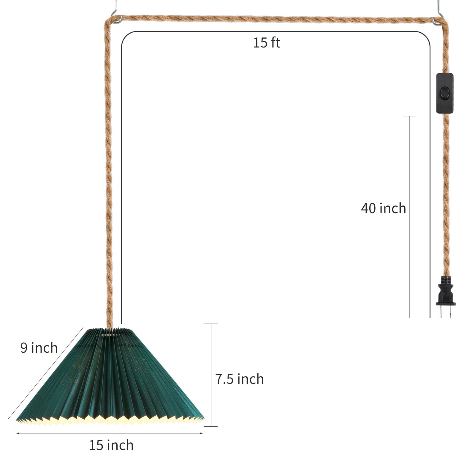 Aomicron Hanging Light With Plug In Cord,Pendant Light Green Lamp Shade And Hemp Rope Cord Plug Into Wall Outlet