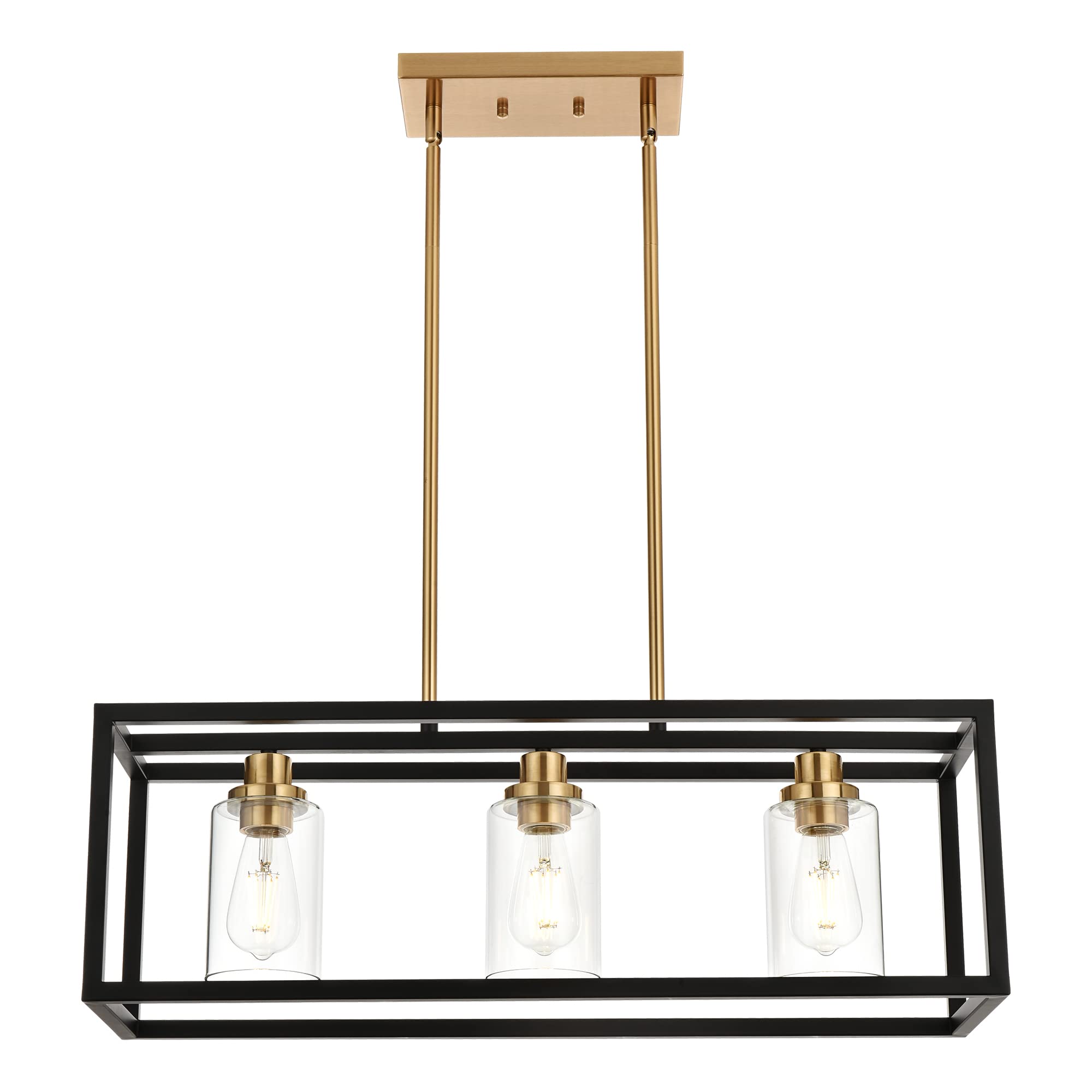 MELUCEE Modern Island Light, 3 Lights Linear Pendant, Black and Brushed Brass, 26 inches, Clear Glass Shade, E26 Base