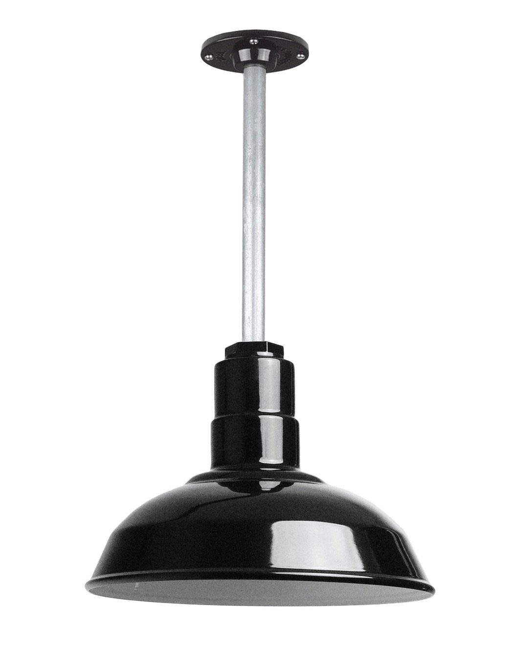 Steel Lighting Co. Ceiling Mounted Pendant Light, 12in Dome, Heavy Duty Steel, Black Exterior/White Interior, 12in Stem